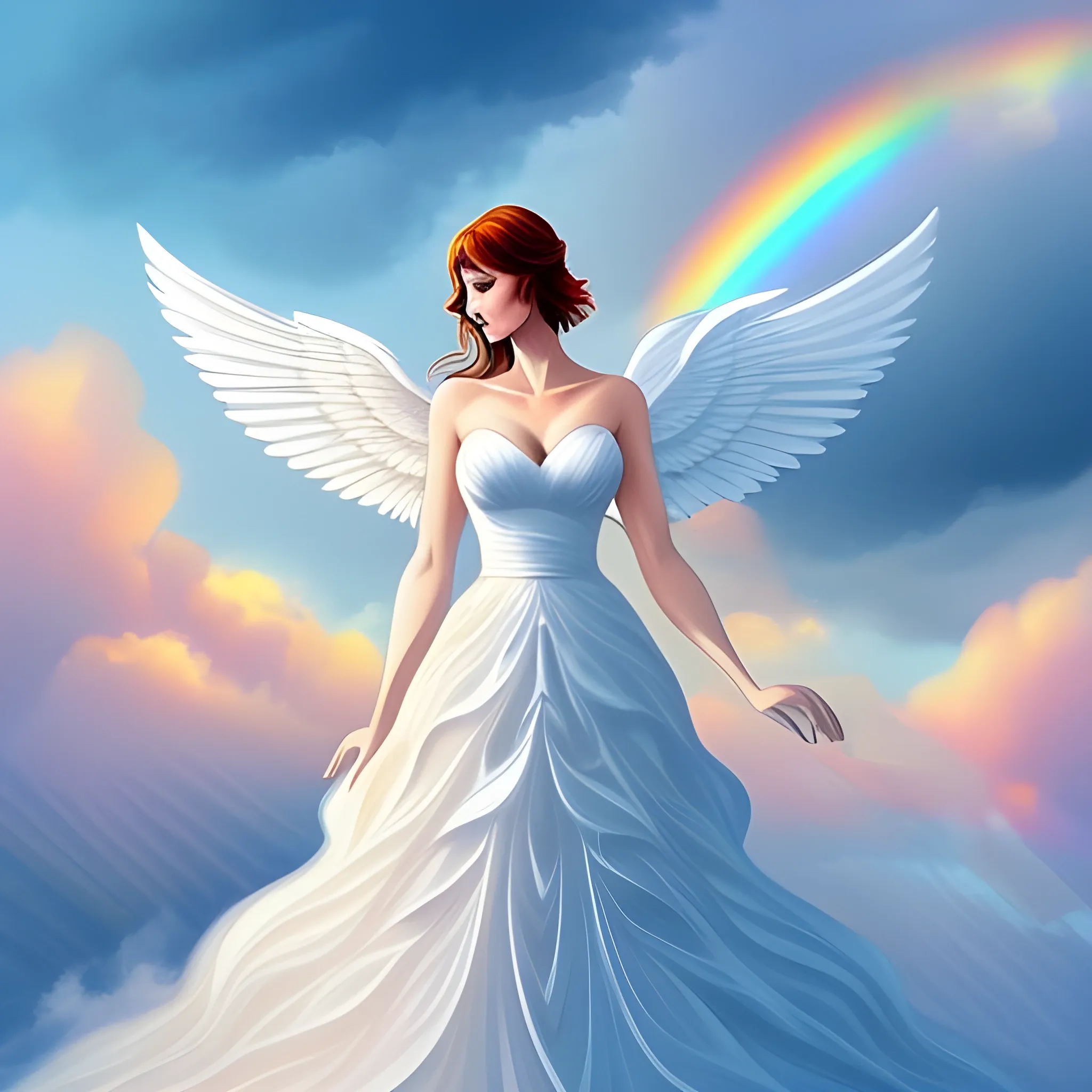 This is an illustration of a girl in a white dress, rainbow core style, lyrical scenery, I can't believe how beautiful this is, loose composition, angel image surrounded by clouds, free brush strokes