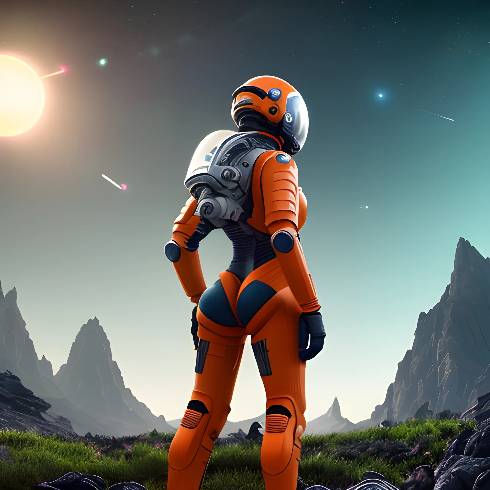 RAW phoro, Highly detailed RAW color Photo, Rear Angle, Full Body, of (female space soldier, wearing orange and white space suit, helmet, tined face shield, rebreather, accentuated booty), outdoors, (looking up at advanced alien structure, on alien planet), toned body, big butt, (sci-fi), (mountains:1.1), (lush green vegetation), (two moons in sky:0.8), (highly detailed, hyperdetailed, intricate), (lens flare:0.7), (bloom:0.7), particle effects, raytracing, cinematic lighting, shallow depth of field, photographed on a Sony a9 II, 50mm wide angle lens, sharp focushttps://www.fotor.com/images/create?type=text,RAW phoro, Highly detailed RAW color Photo, Rear Angle, Full Body, of (female space soldier, wearing orange and white space suit, helmet, tined face shield, rebreather, accentuated booty), outdoors, (looking up at advanced alien structure, on alien planet), toned body, big butt, (sci-fi), (mountains:1.1), (lush green vegetation), (two moons in sky:0.8), (highly detailed, hyperdetailed, intricate), (lens flare:0.7), (bloom:0.7), particle effects, raytracing, cinematic lighting, shallow depth of field, photographed on a Sony a9 II, 50mm wide angle lens, sharp focus
