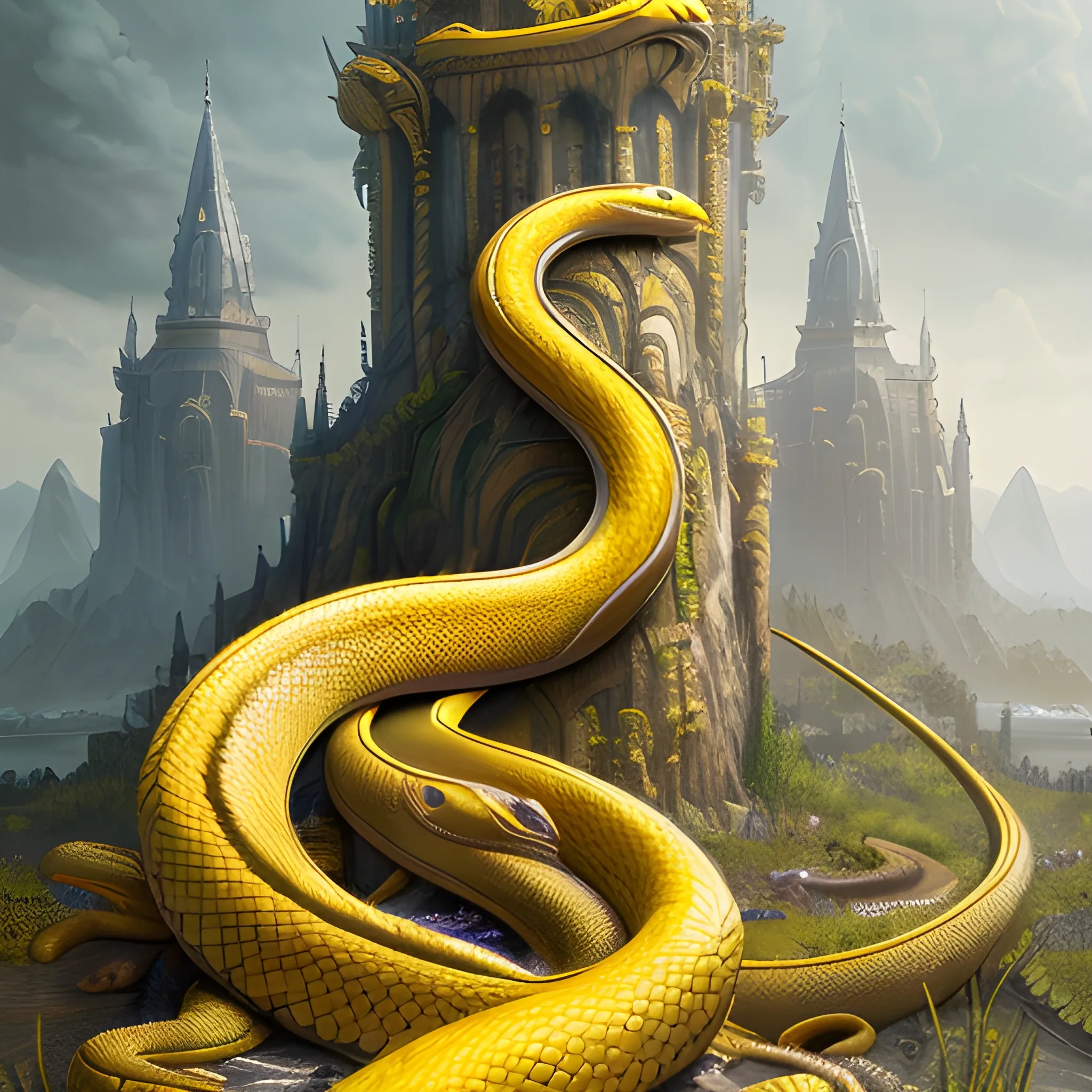 yellow snake, high fantasy, 8k, high resolution, high quality, detailed, photorealistic, hyperrealistic, detailed matte painting, deep color, fantastical, intricate detail, splash screen, complementary colors, fantasy concept art, 8k resolution trending on Artstation Unreal Engine 