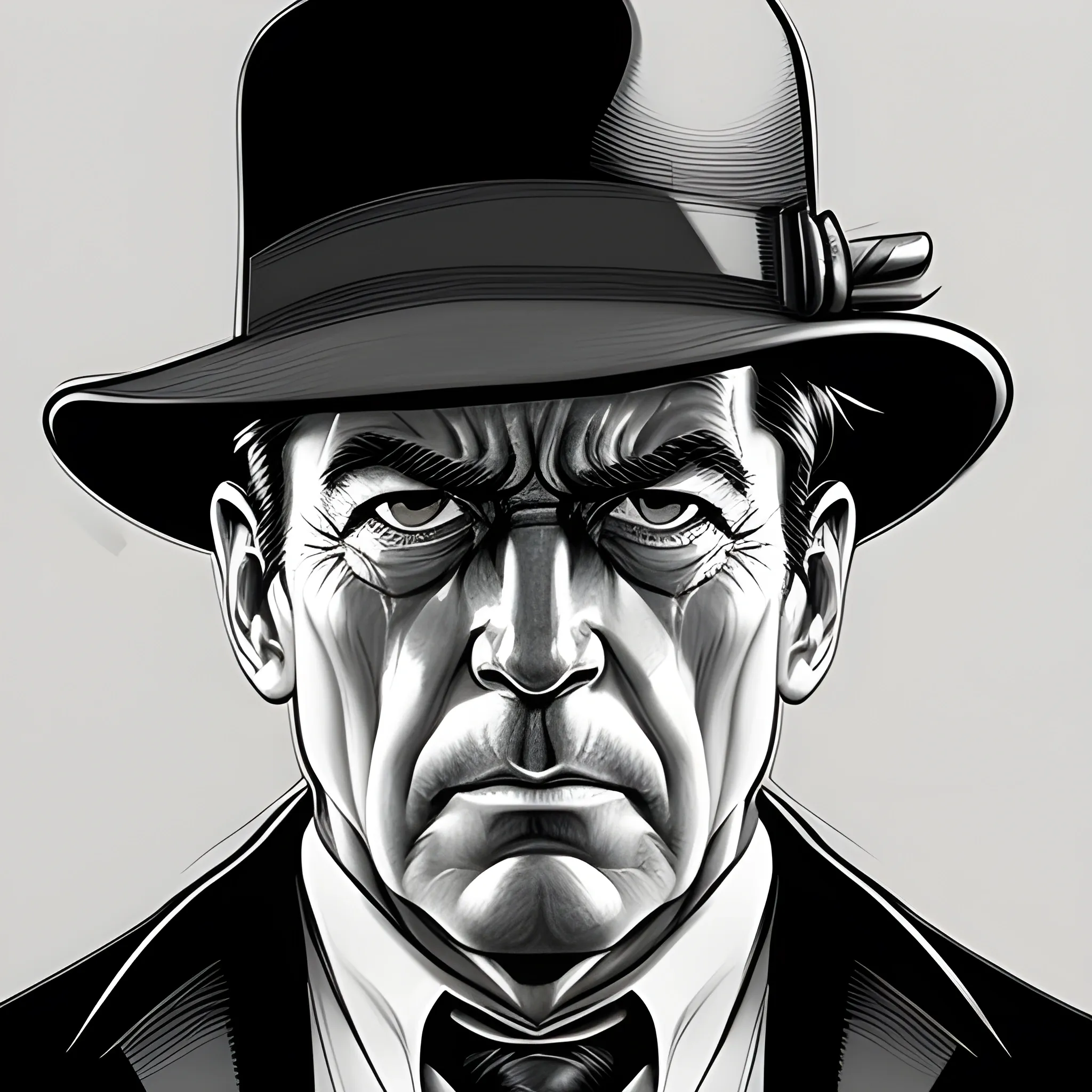 A noir-style portrait of a detective, drawn with pen and paper. The image features a strong focus on the character's face, with intricate details of the wrinkles and shadows enhancing the overall mood of the piece. The dynamic pose and angle of the character create a sense of action, with the overall composition reflecting a high-quality, award-winning piece., Cartoon