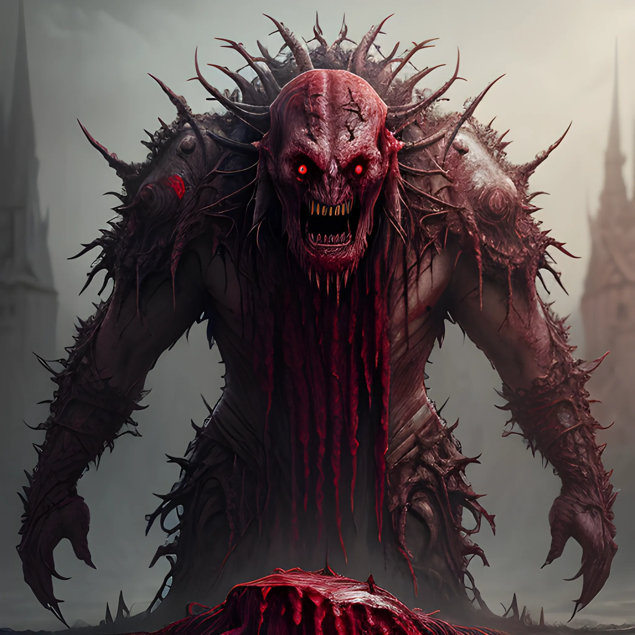 human size bloody monster, blood, high fantasy, 8k, high resolution, high quality, detailed, photorealistic, hyperrealistic, detailed matte painting, deep color, fantastical, intricate detail, splash screen, complementary colors, fantasy concept art, 8k resolution trending on Artstation Unreal Engine 