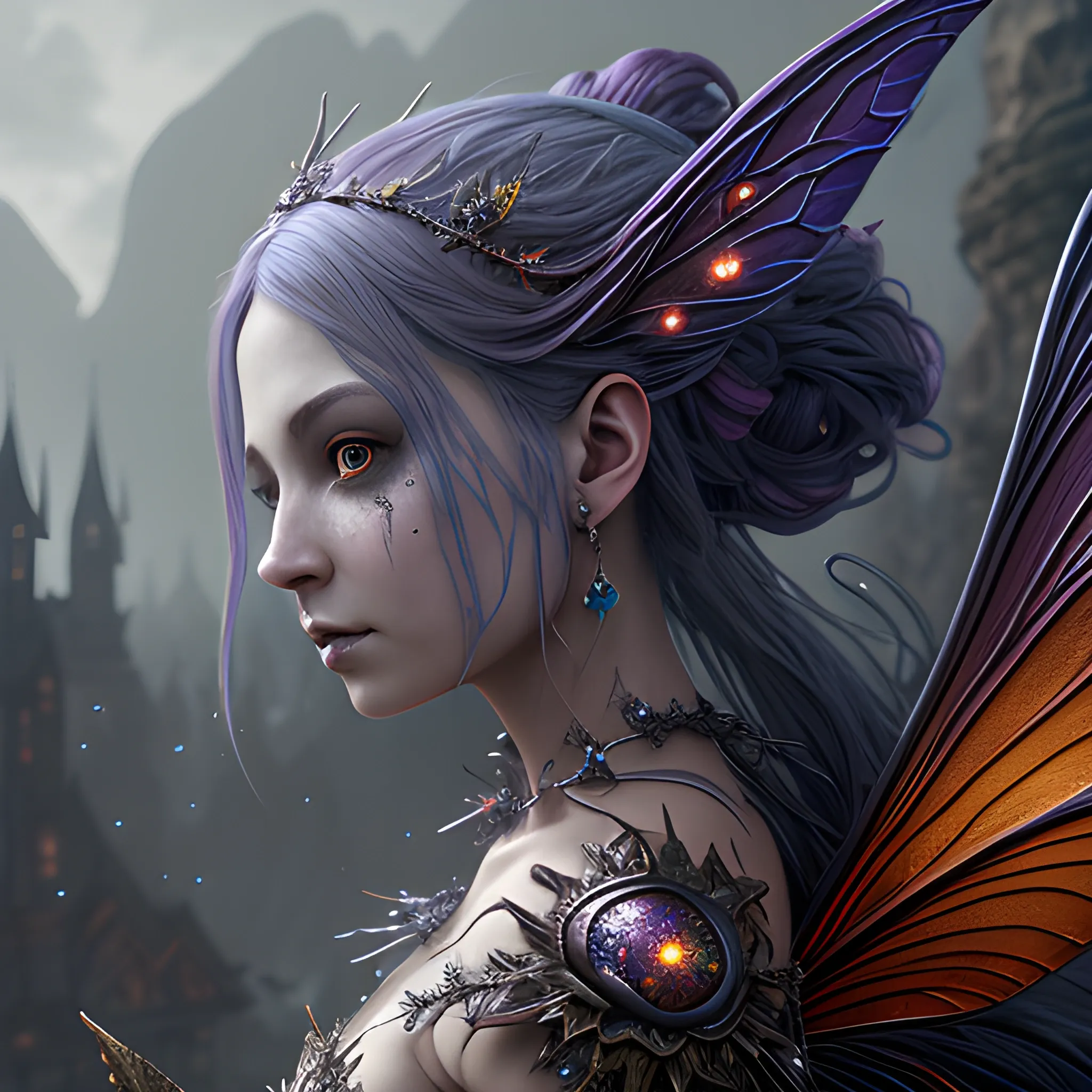 fairy, dark fairy, high fantasy, 8k, high resolution, high quality, detailed, photorealistic, hyperrealistic, detailed matte painting, deep color, fantastical, intricate detail, splash screen, complementary colors, fantasy concept art, 8k resolution trending on Artstation Unreal Engine 