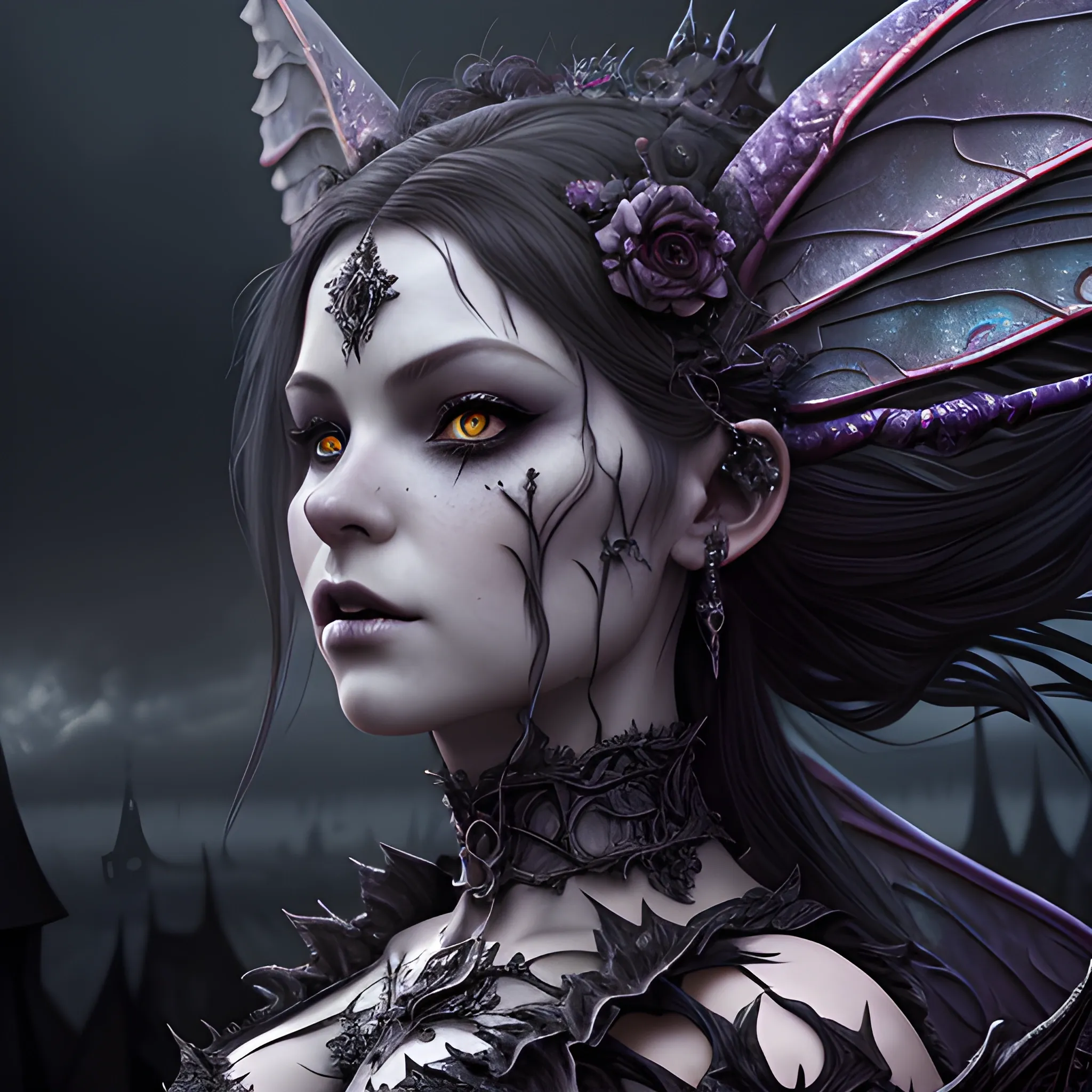 evil fairy, dark fairy, view above waist, high fantasy, insane detailed face, 8k, high resolution, high quality, detailed, photorealistic, hyperrealistic, detailed matte painting, deep color, fantastical, intricate detail, splash screen, complementary colors, fantasy concept art, 8k resolution trending on Artstation Unreal Engine 