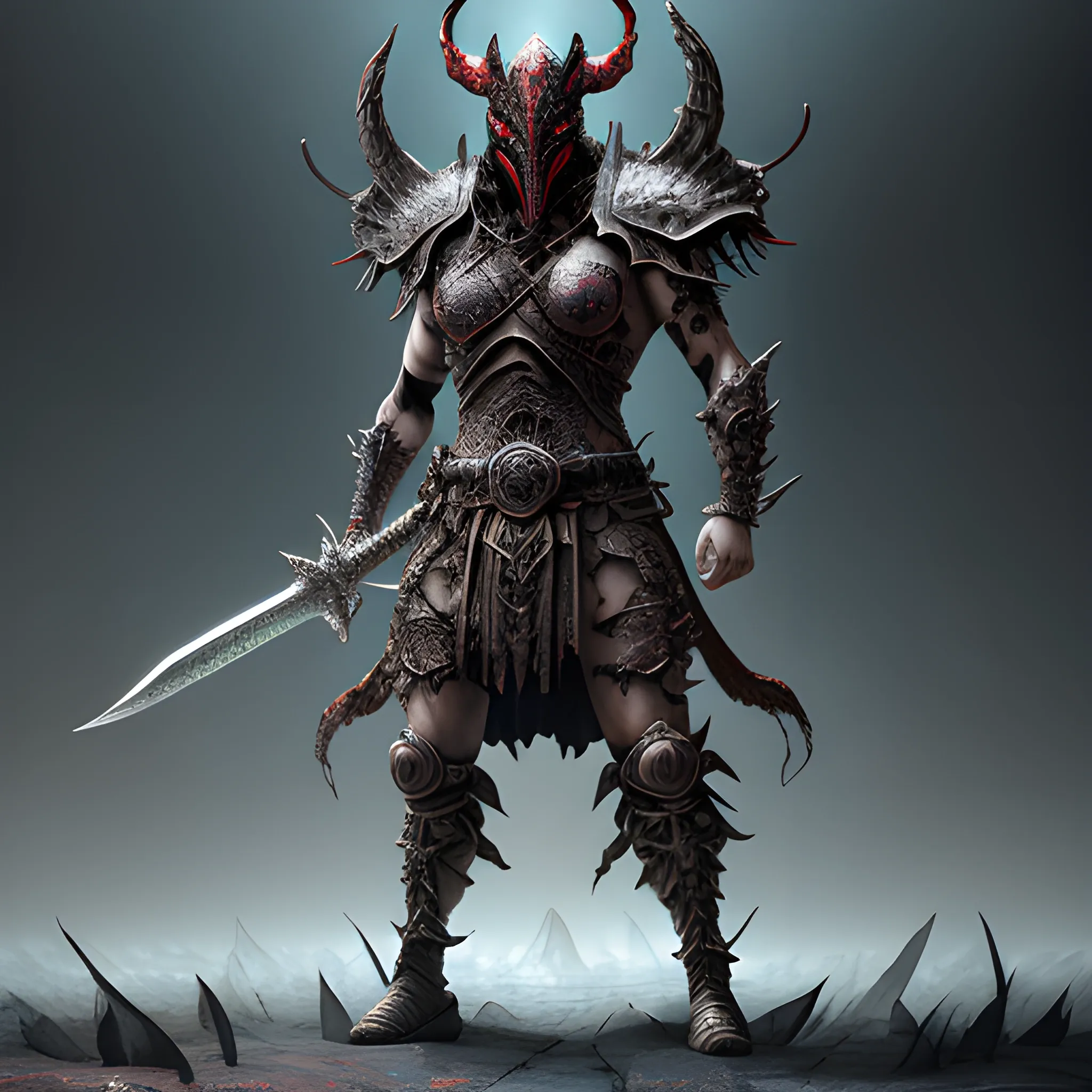 warrior demon in mask with sword, full body view, insane detailed face, high fantasy, insane detailed face, 8k, high resolution, high quality, detailed, photorealistic, hyperrealistic, detailed matte painting, deep color, fantastical, intricate detail, splash screen, complementary colors, fantasy concept art, 8k resolution trending on Artstation Unreal Engine 5