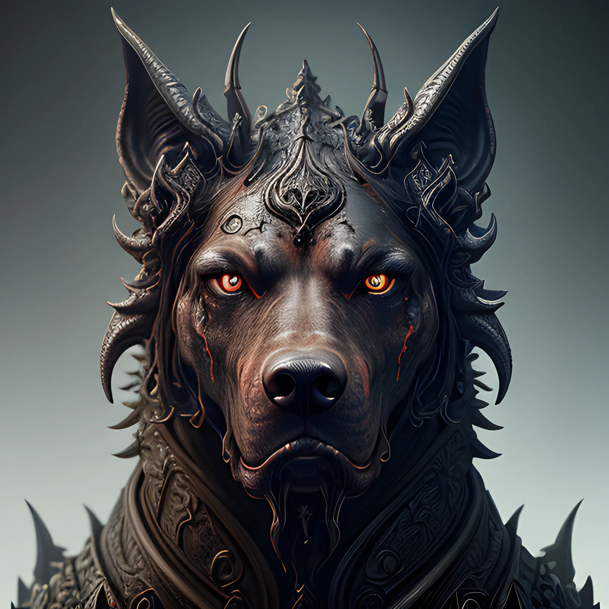 hellhound, hound, high fantasy, insane detailed face, 8k, high resolution, high quality, detailed, detailed matte painting, deep color, fantastical, intricate detail, splash screen, complementary colors, fantasy concept art, 8k resolution trending on Artstation Unreal Engine 5