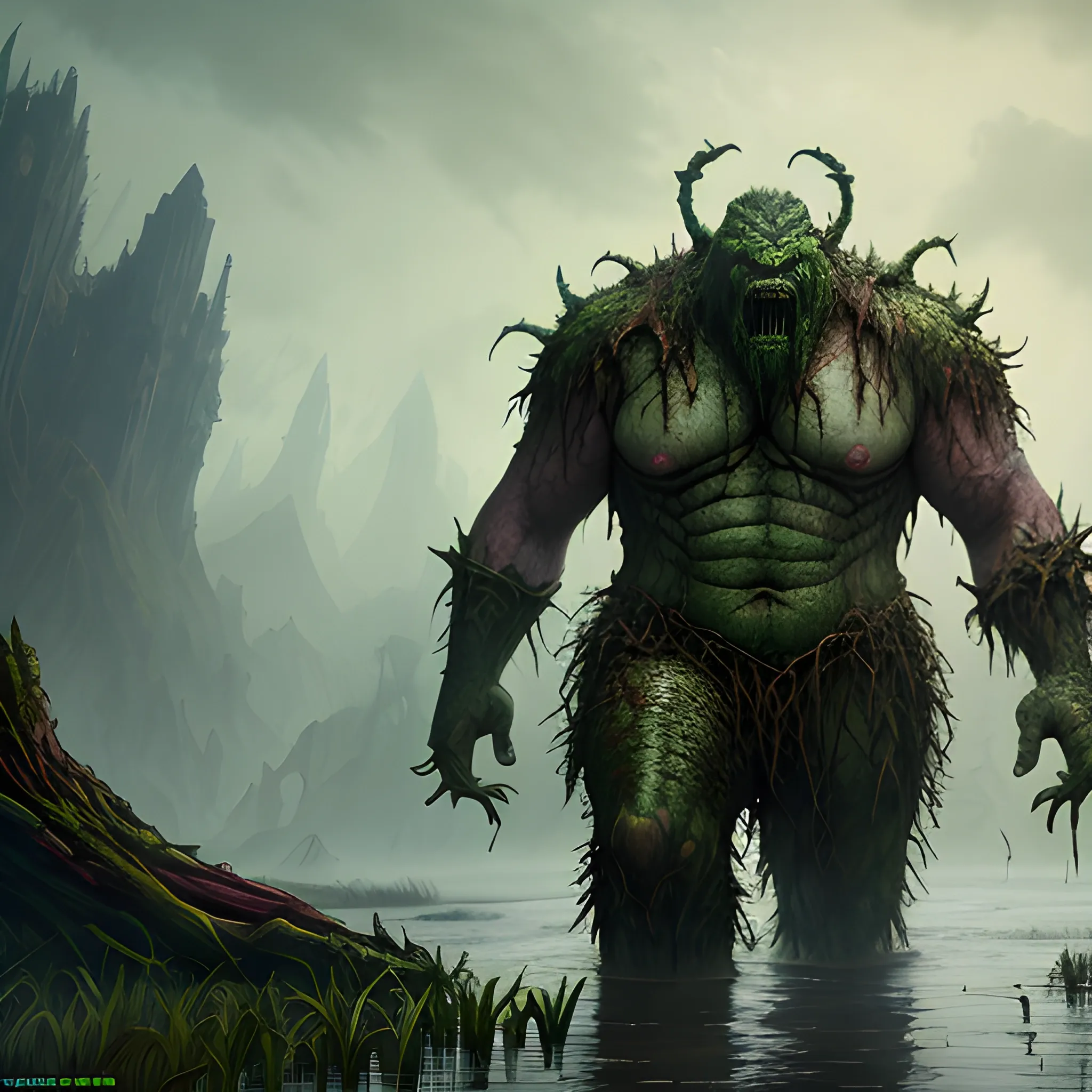 swamp giant, monster from swamp, swamp in the background, high fantasy, 8k, high resolution, high quality,detailed, detailed matte painting, deep color, fantastical, intricate detail, splash screen, complementary colors, fantasy concept art, 8k resolution trending on Artstation Unreal Engine 5