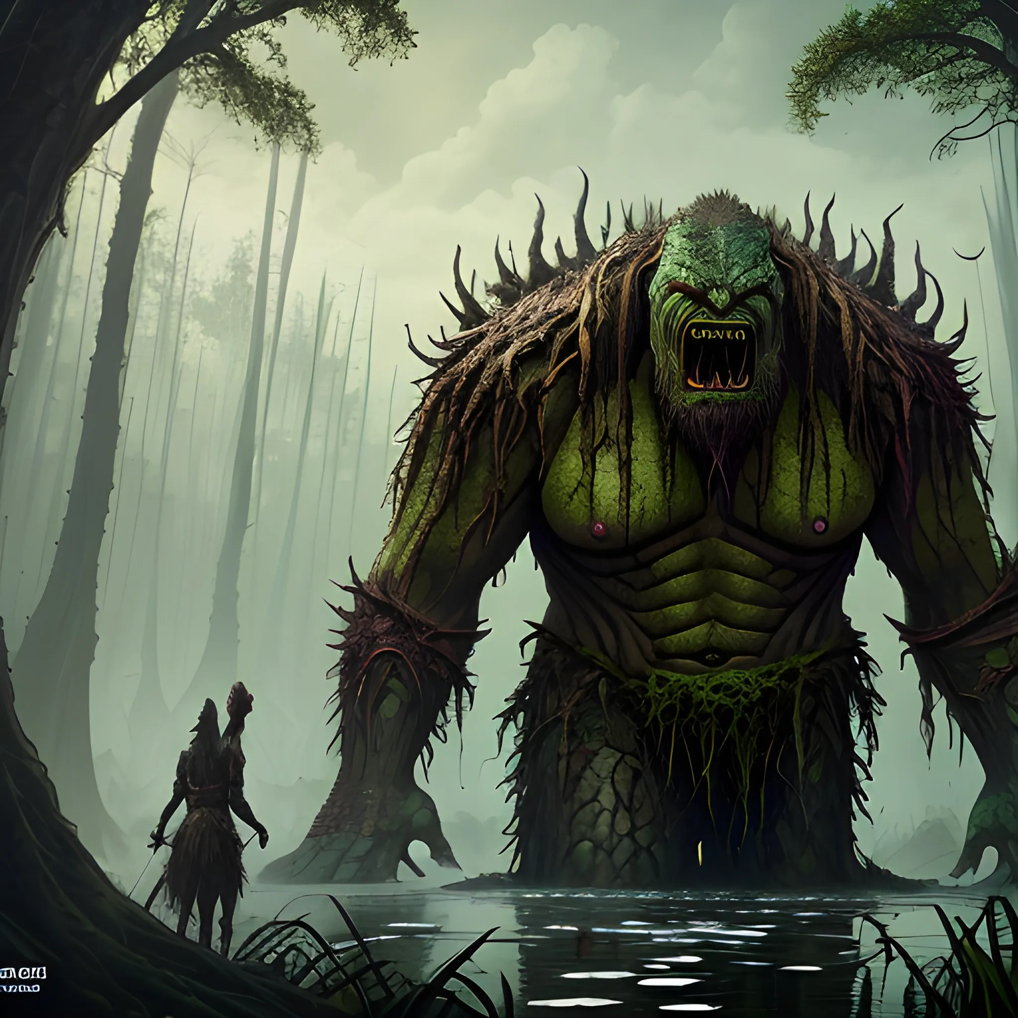 swamp giant, monster from swamp, swamp in the background, high fantasy, 8k, high resolution, high quality,detailed, detailed matte painting, deep color, fantastical, intricate detail, splash screen, complementary colors, fantasy concept art, 8k resolution trending on Artstation Unreal Engine 5