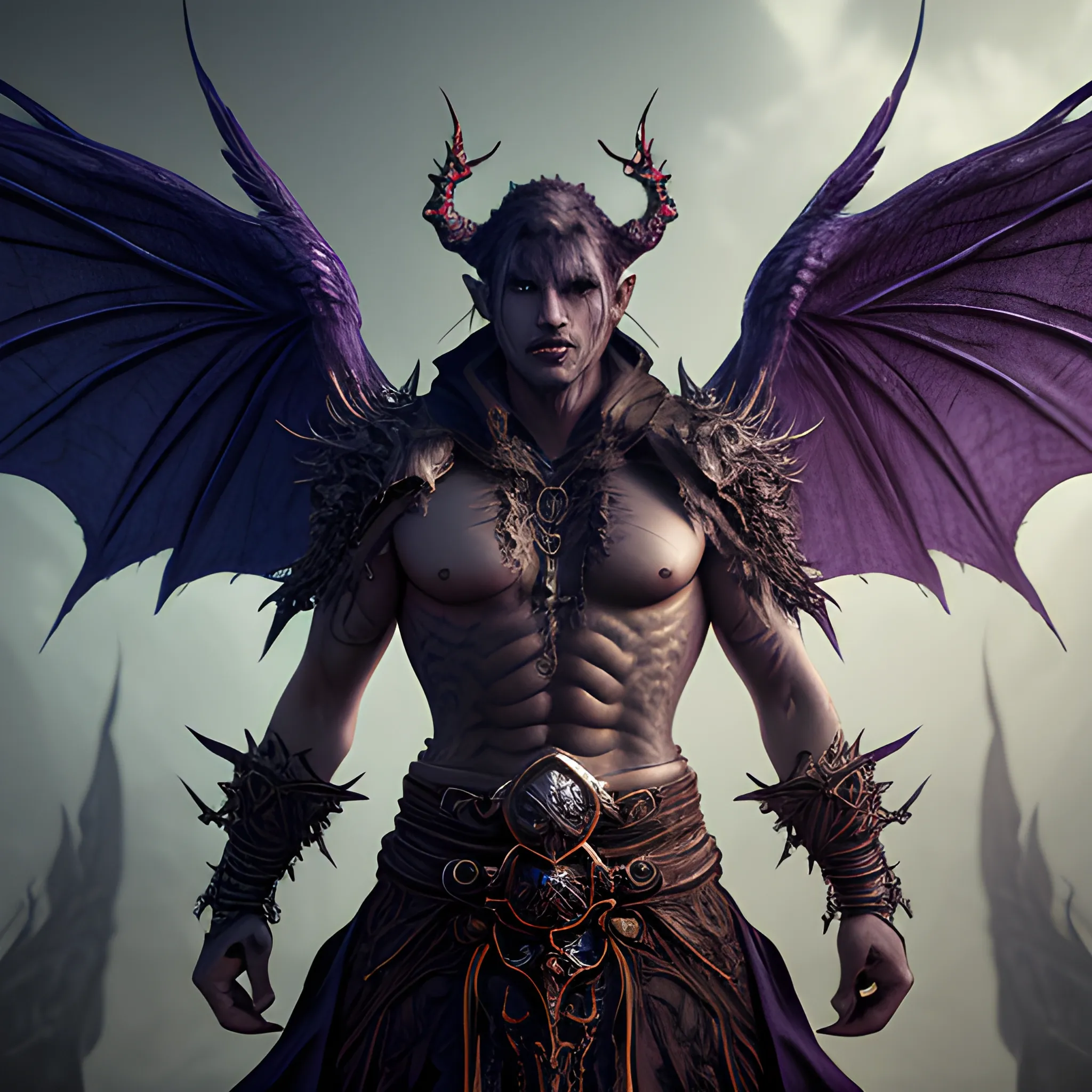 mage demon, male, strong, monster, wings, fangs, view above waist, high fantasy, 8k, high resolution, high quality, insane detailed face, detailed, detailed matte painting, deep color, fantastical, intricate detail, splash screen, complementary colors, fantasy concept art, 8k resolution trending on Artstation Unreal Engine 5