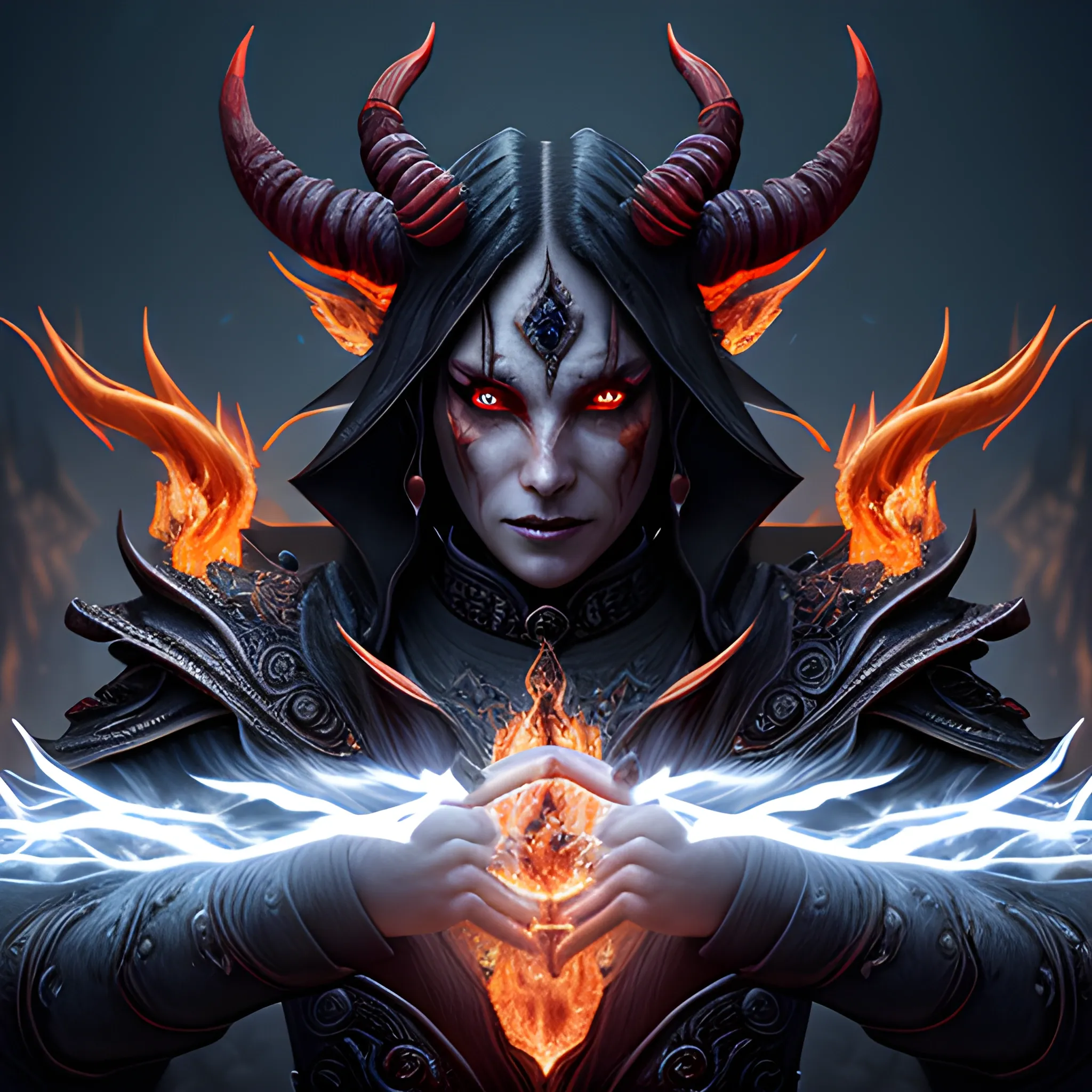 demon mage, thunders, fire, flames, ice. view above waist, high fantasy, 8k, high resolution, high quality, insane detailed face, detailed, detailed matte painting, deep color, fantastical, intricate detail, splash screen, complementary colors, fantasy concept art, 8k resolution trending on Artstation Unreal Engine 5