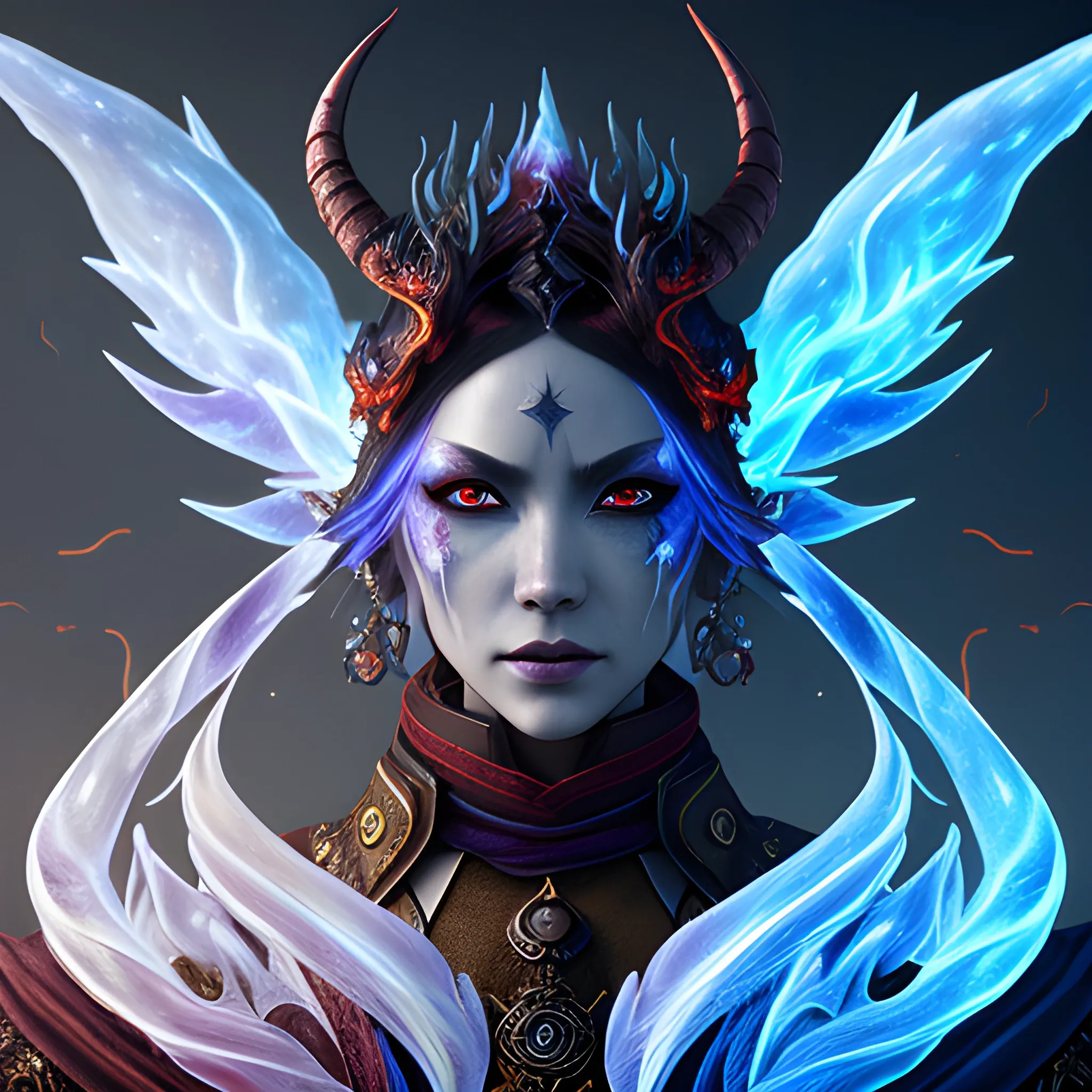 demon mage, thunders, fire, flames, ice. view above waist, high fantasy, 8k, high resolution, high quality, insane detailed face, detailed, detailed matte painting, deep color, fantastical, intricate detail, splash screen, complementary colors, fantasy concept art, 8k resolution trending on Artstation Unreal Engine 5