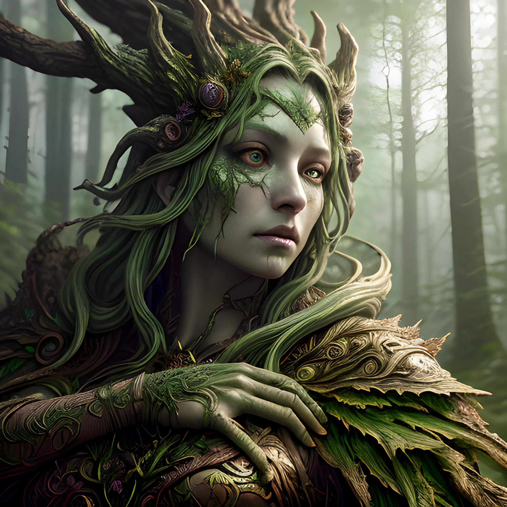 forest guardian, high fantasy, 8k, high resolution, high quality, insane detailed face, detailed, detailed matte painting, deep color, fantastical, intricate detail, splash screen, complementary colors, fantasy concept art, 8k resolution trending on Artstation Unreal Engine 5