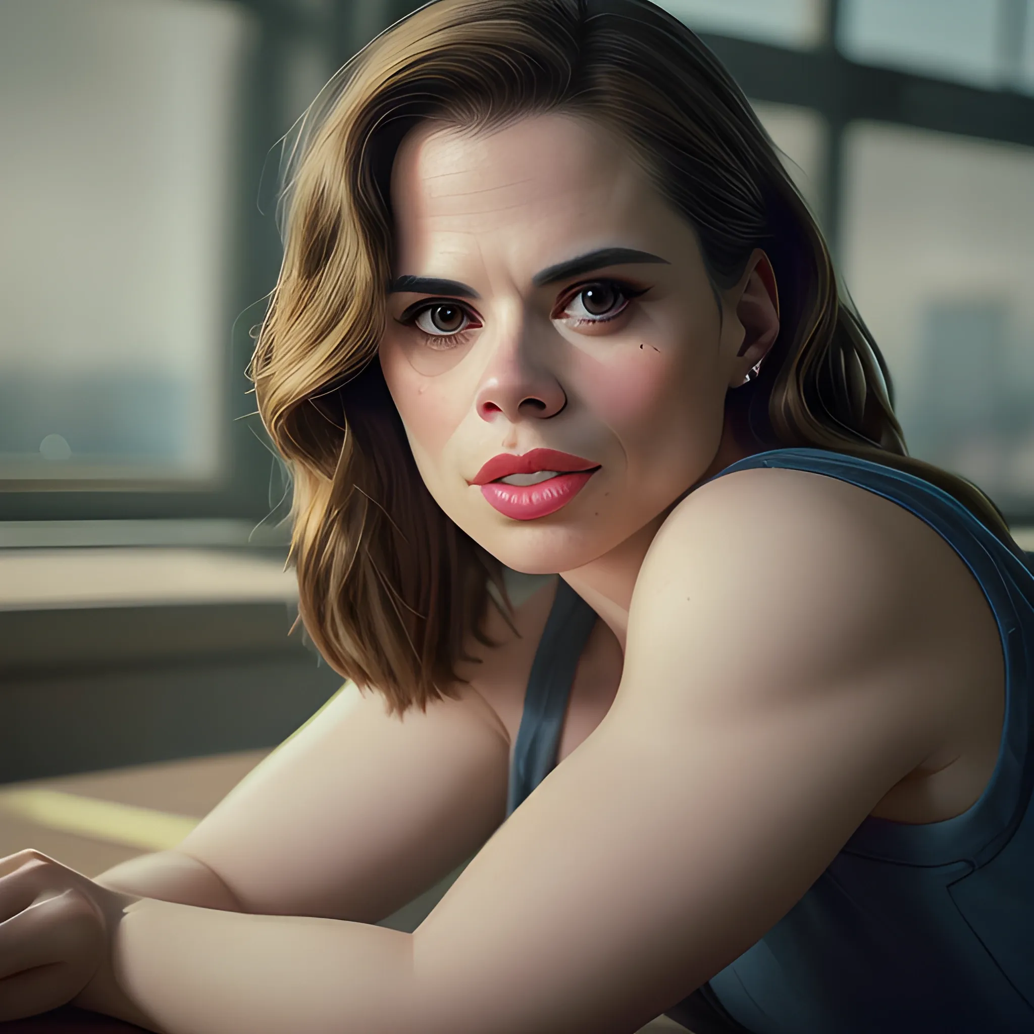 Stunning hayley atwell is a hot teacher, brown eyes, cutoffs, legs, heels, locked gaze, photorealistic, portrait, masterpiece, shallow depth of field, (highly detailed skin:1.2), 8k uhd, dslr, magic hour, film grain, 20mp, Fujifilm XT3, 80mm, hasselblad

