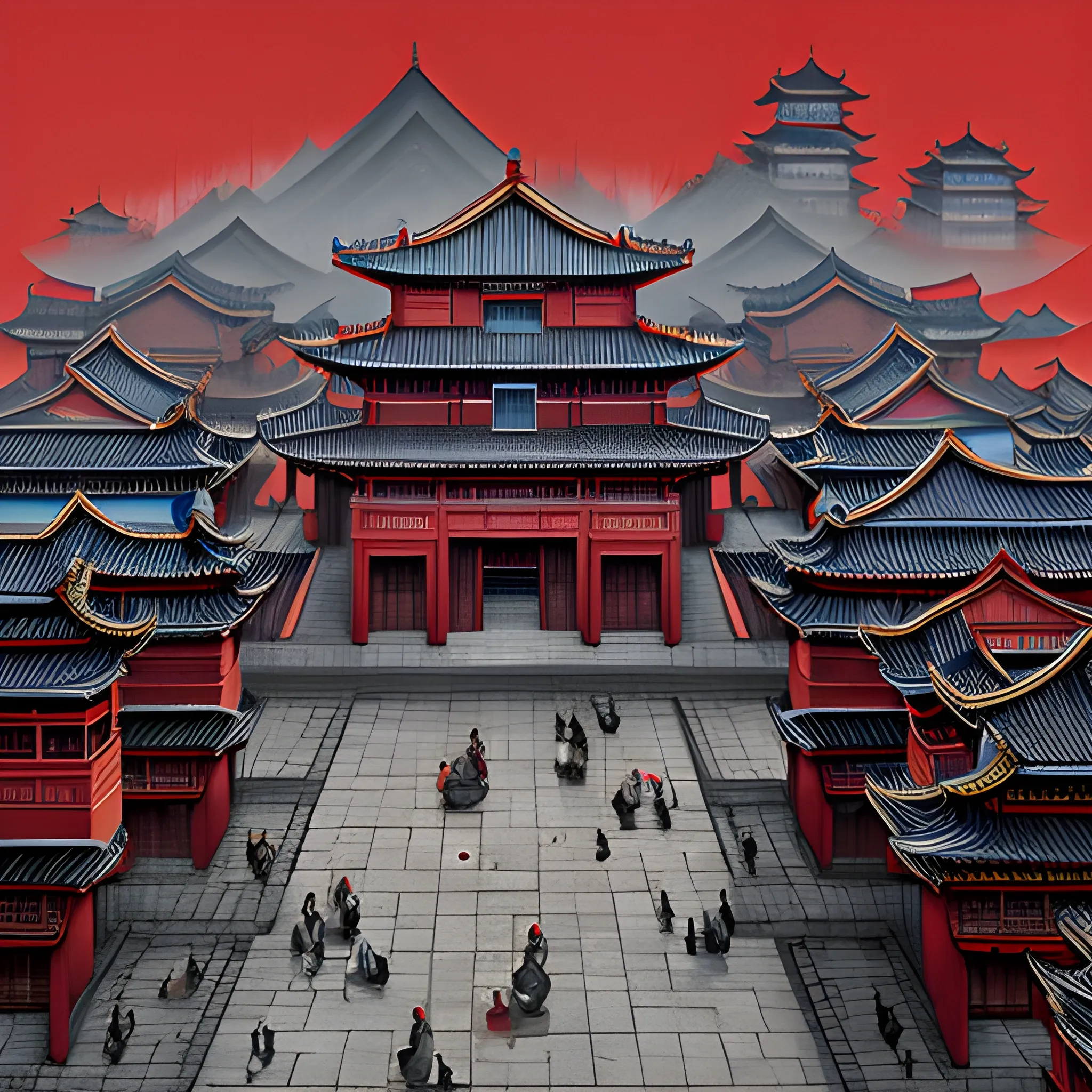 Ming dynasty urban style, Jinyiwei, classical realism, surreal animation, cityscape, mysticism, gray tones and red,