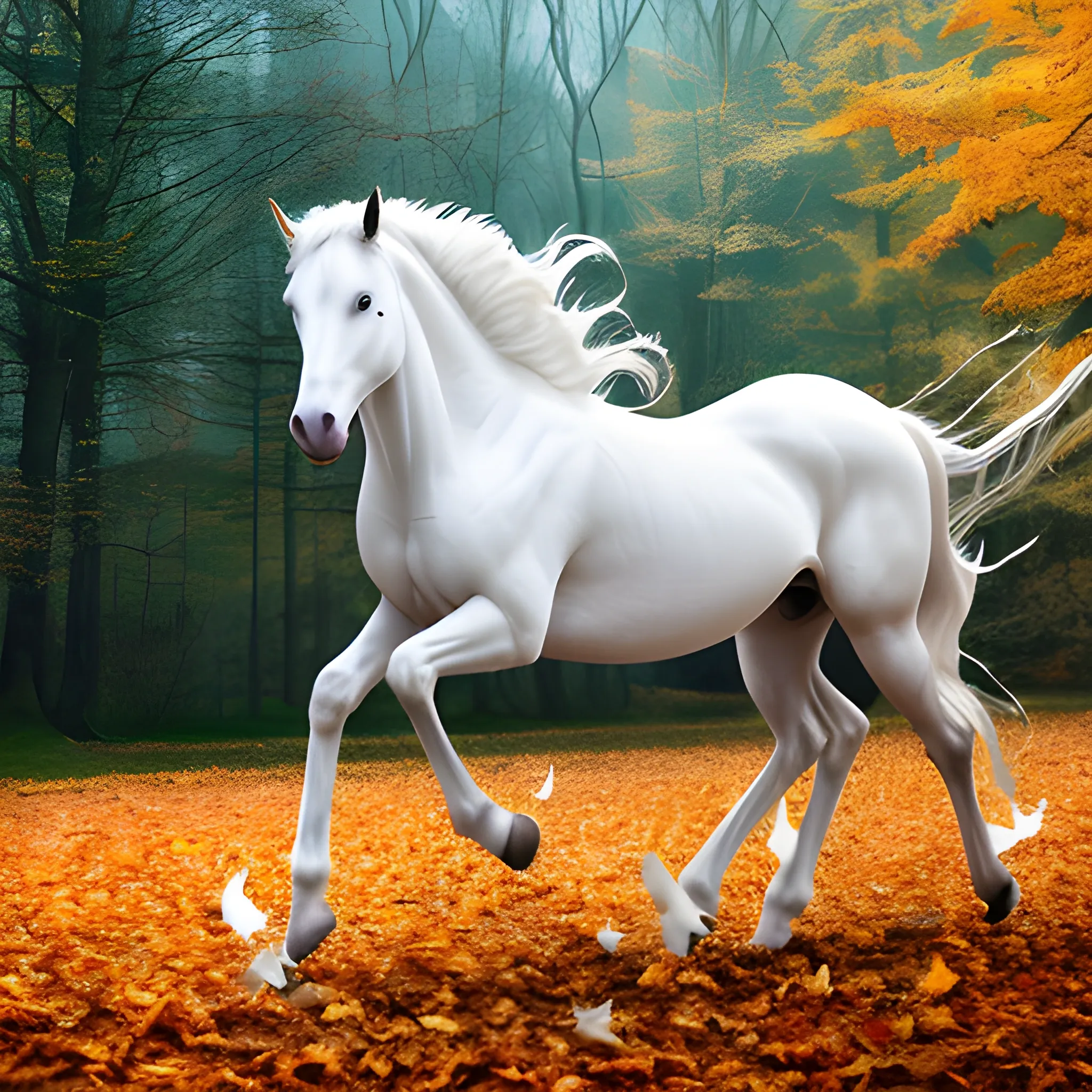 Modern girls, white horses, fallen leaves, long hair flowing, dramatic, realistic, dynamic, high-definition, beautiful