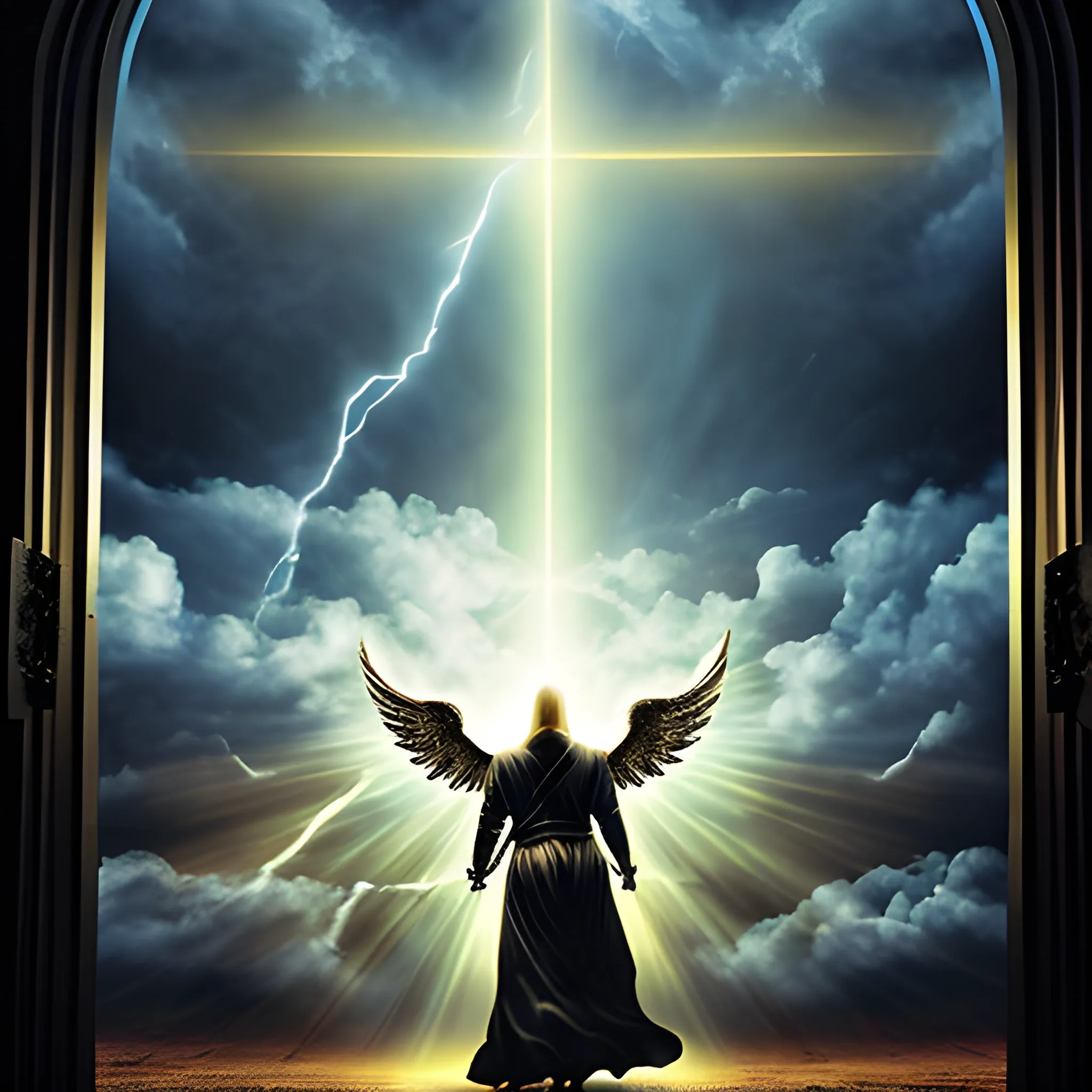 the angel of death entering the gates of heaven with his back turned. The sky with many clouds and with a flash of light, and the golden doors