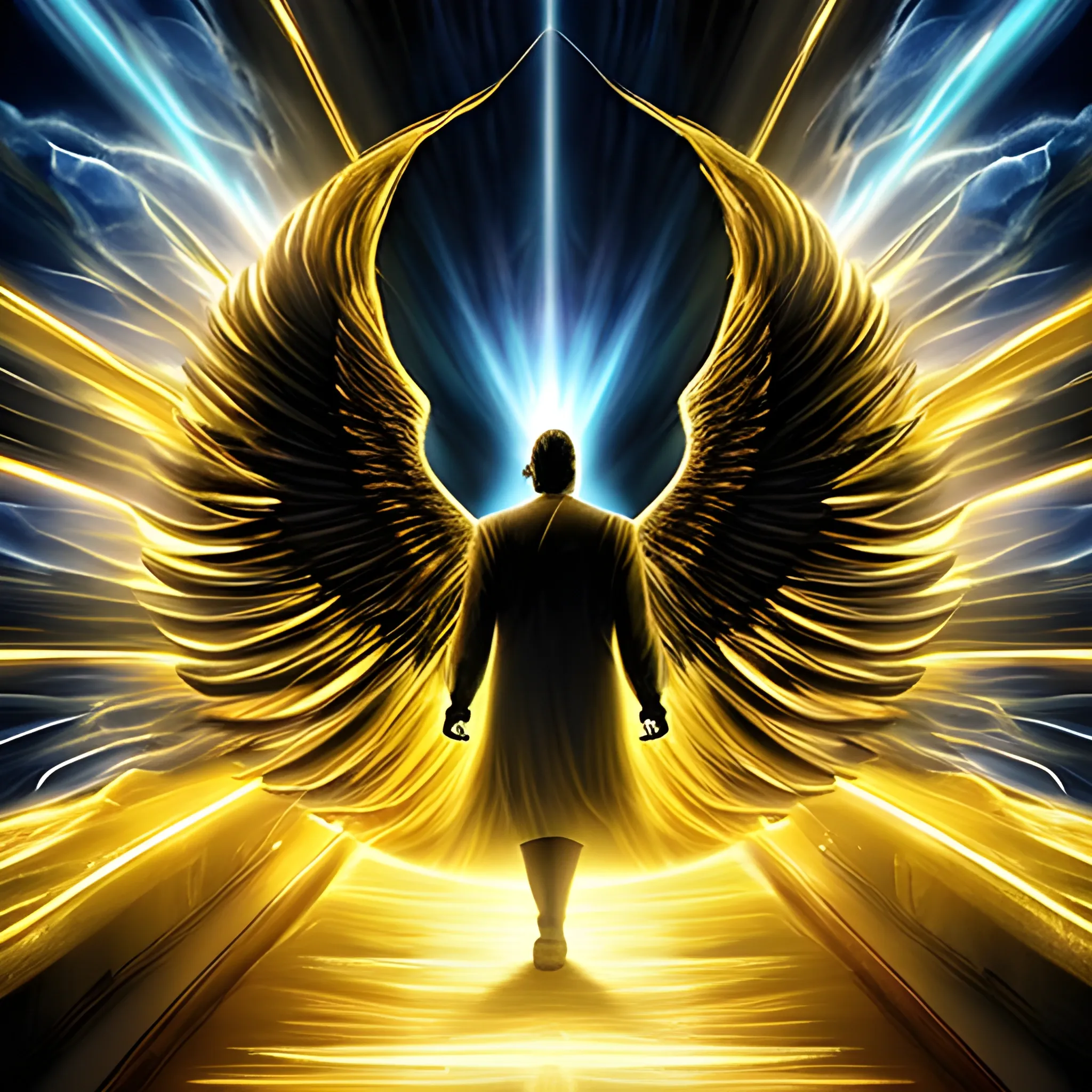 the angel of death entering the gates of heaven with his back turned. The sky with many clouds and with a flash of light, and the golden doors, Trippy