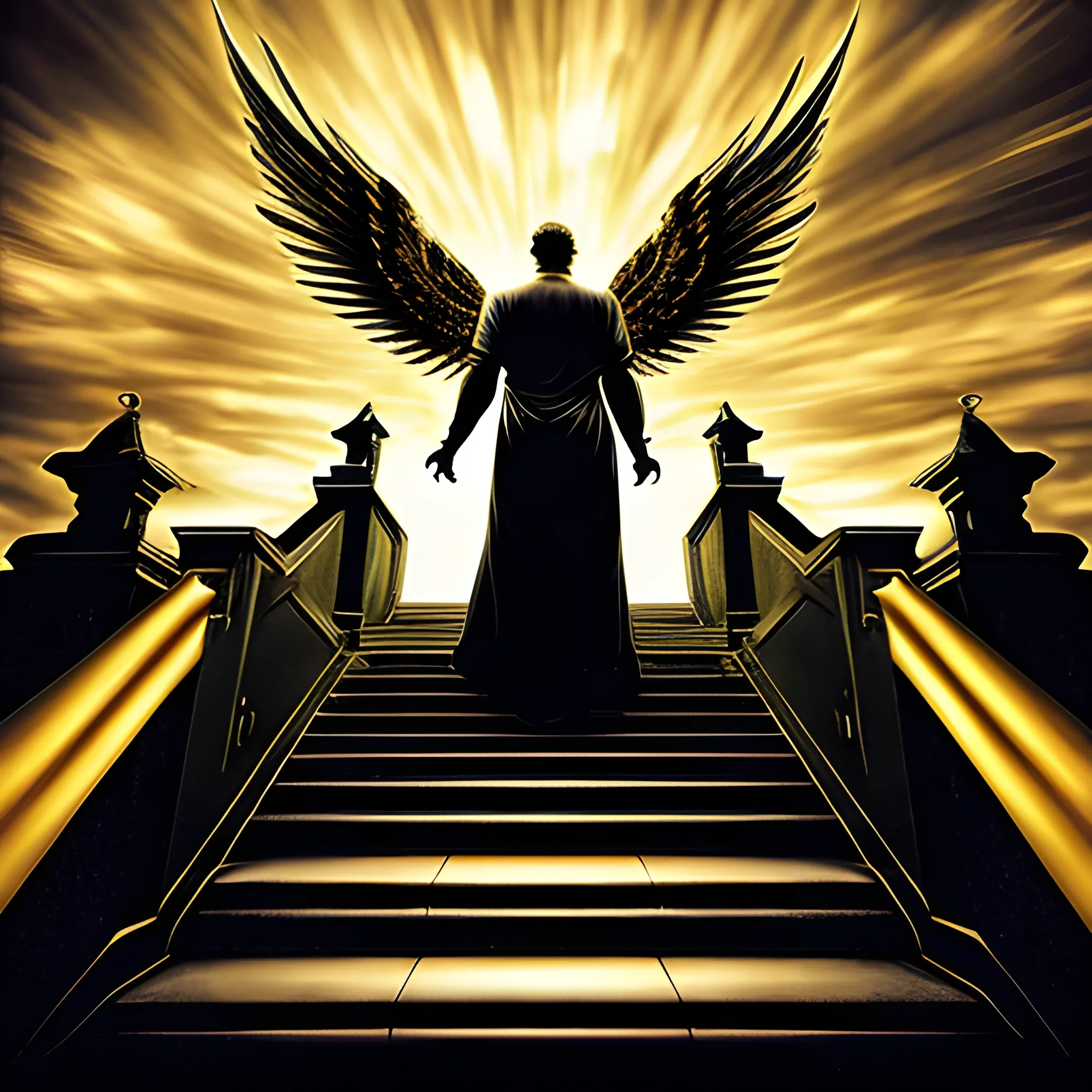 the angel of death climbing the stairs with his back to the gate ...
