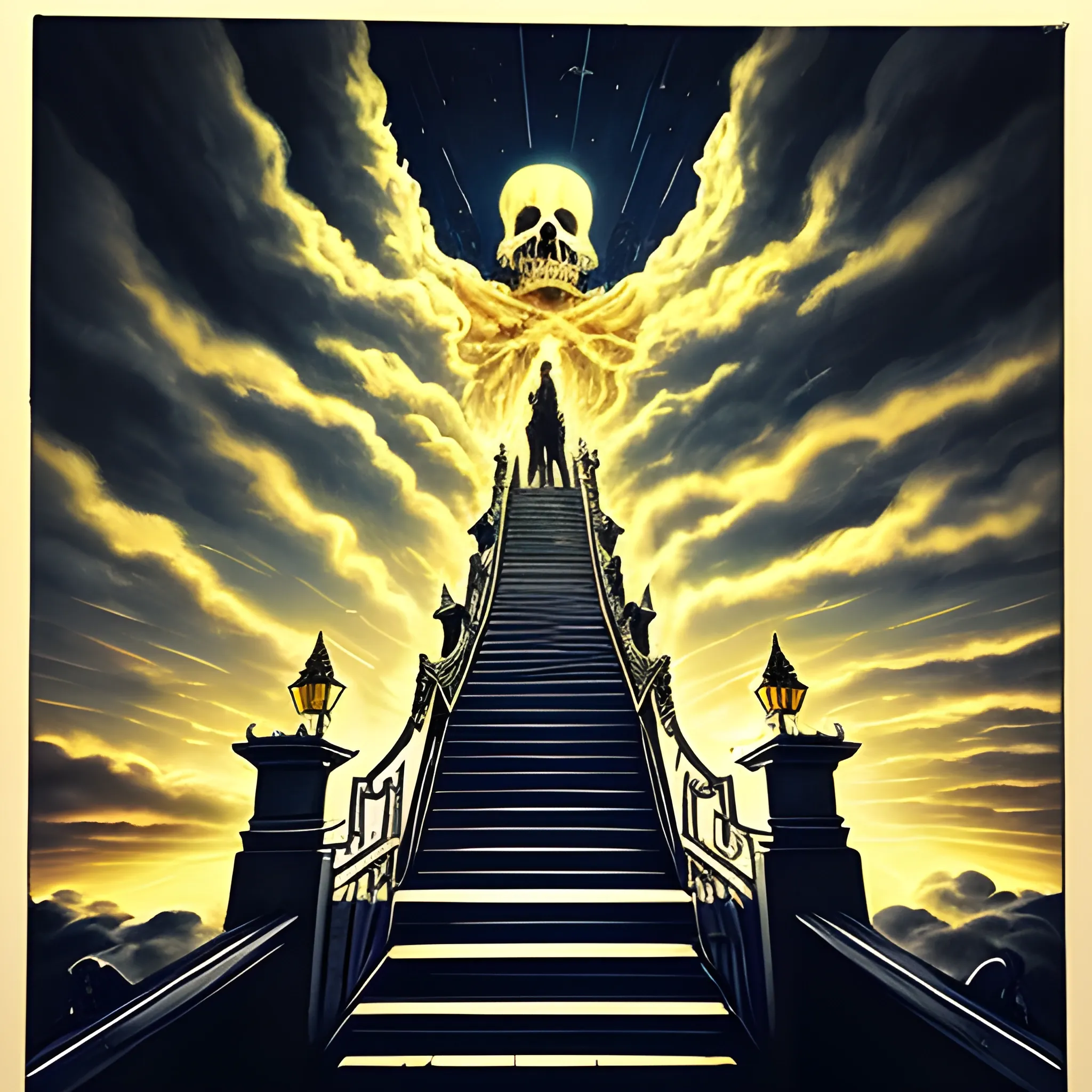 death climbing the stairs with his back to the gates of heaven. The sky is seen above with many clouds and with a flash of light, and the golden gates.

