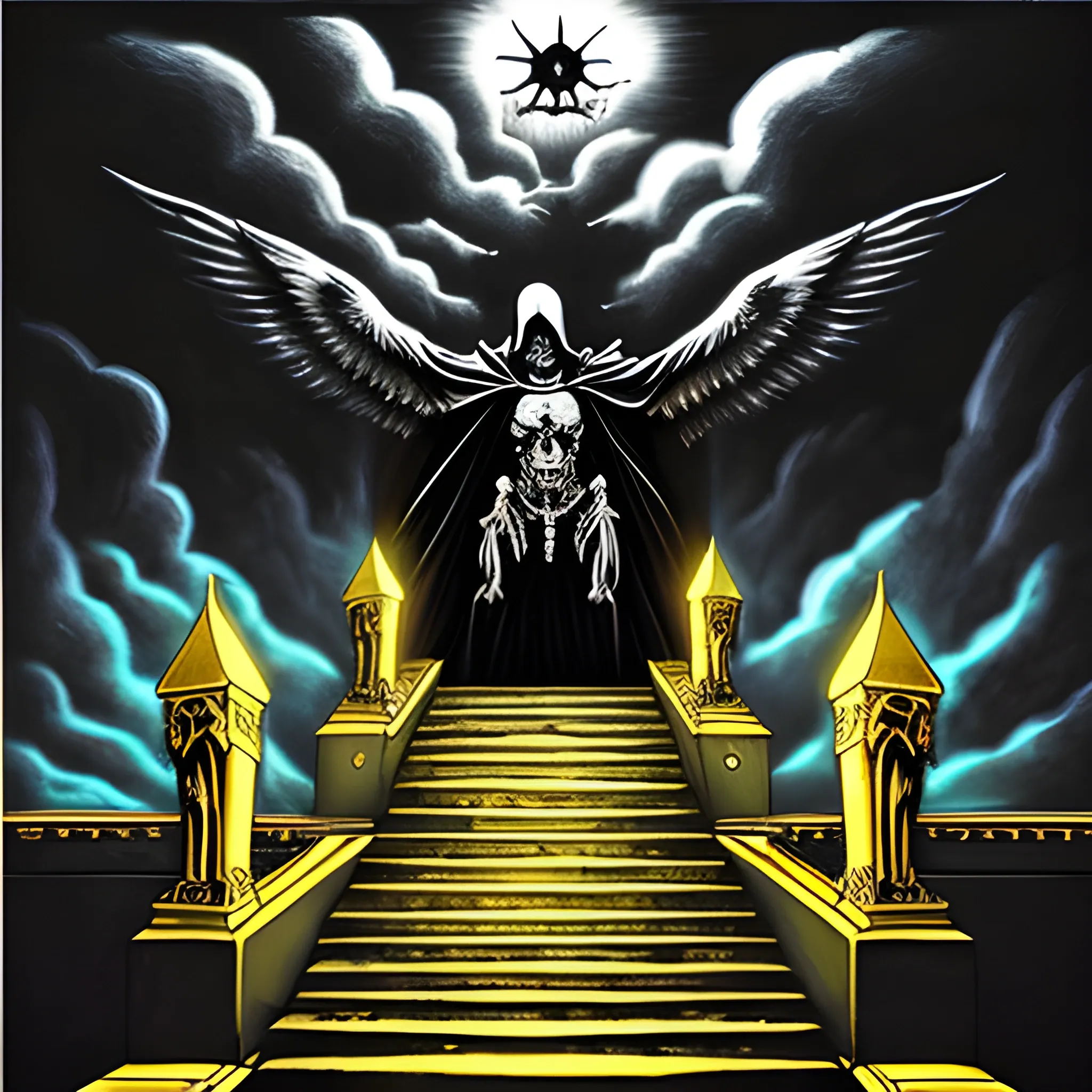 Death climbing the stairs to heaven on his back. Death has the cape and a black hood. The sky has many clouds and a flash of light, and the doors are golden
