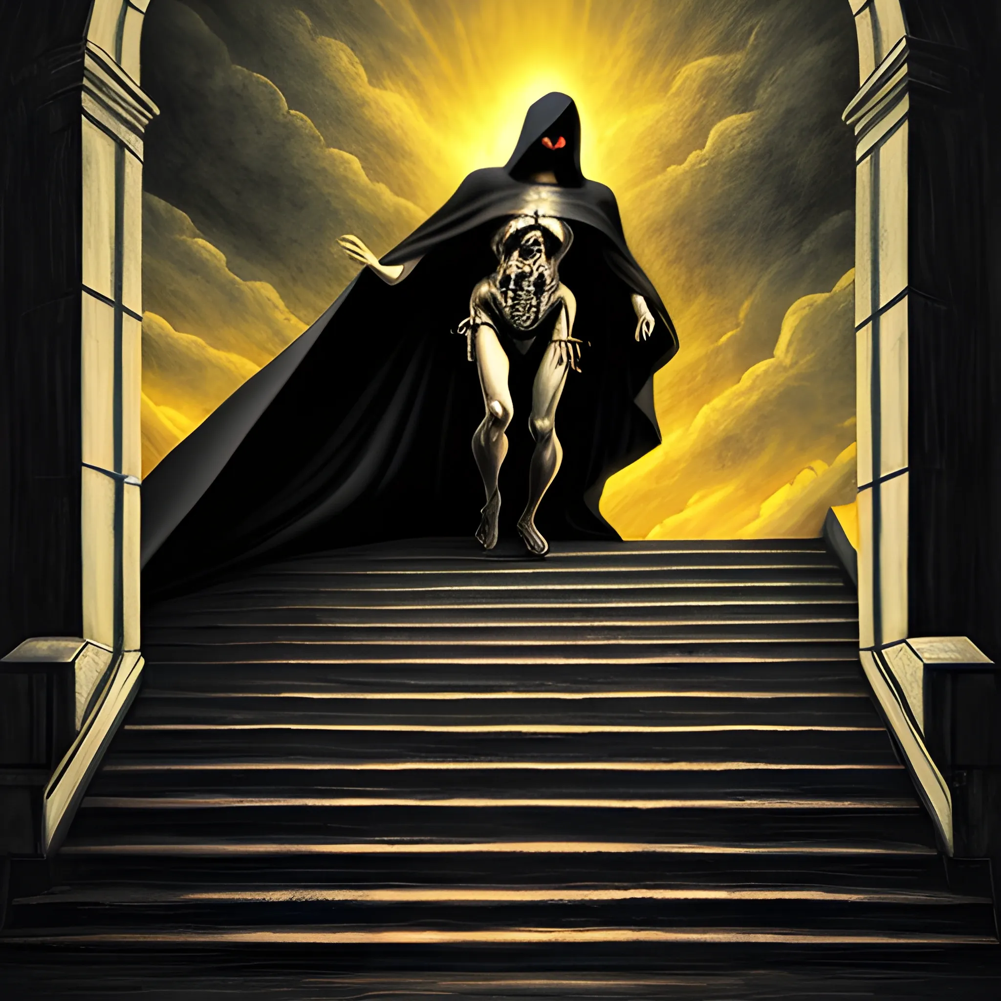 Death climbing the stairs to heaven on his back. Death has the cape and a black hood. The sky has many clouds and a flash of light, and the doors are golden. Realistic