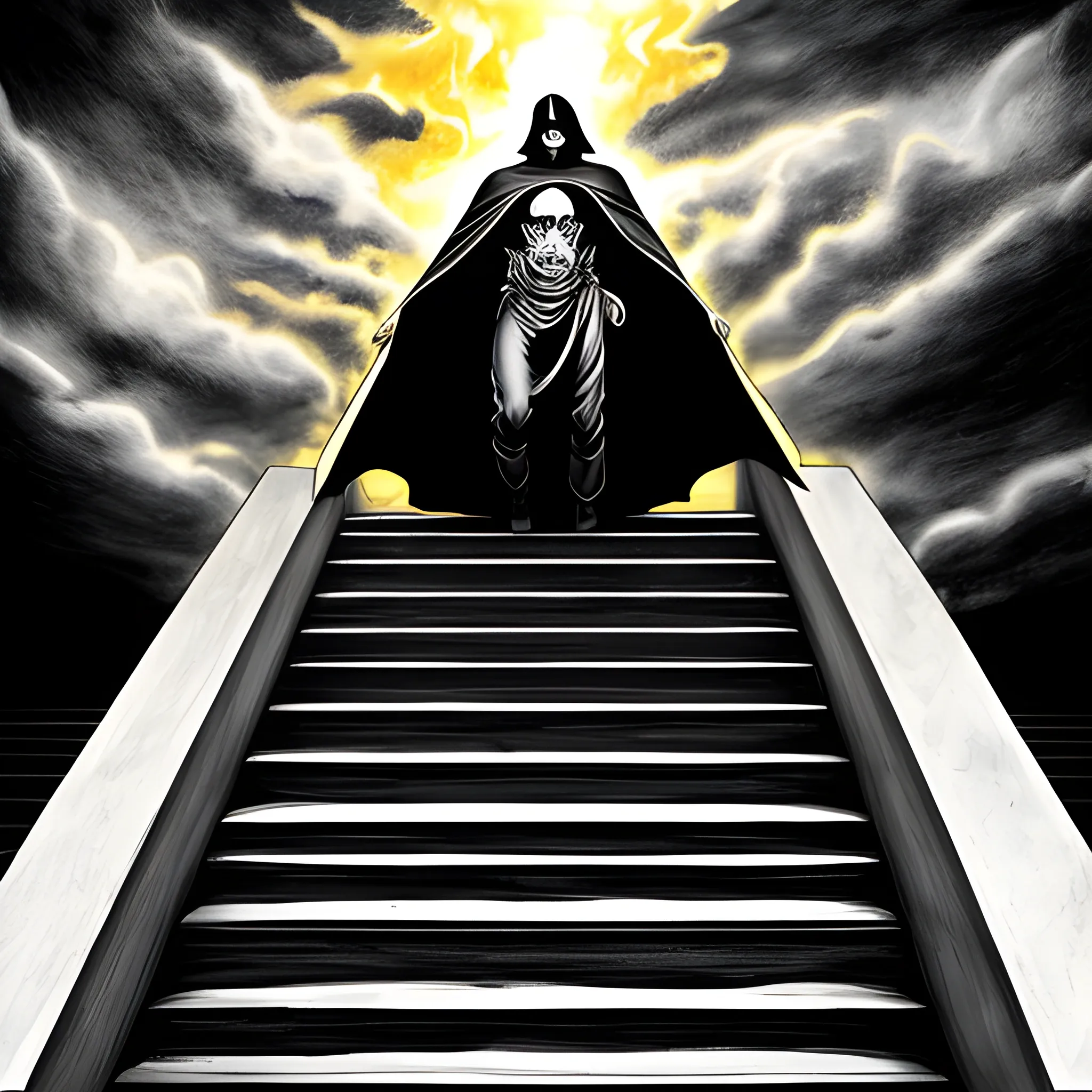 Death climbing the stairs to heaven on his back. Death has the cape and a black hood. The sky has many clouds and a flash of light, and the doors are golden. Realistic style