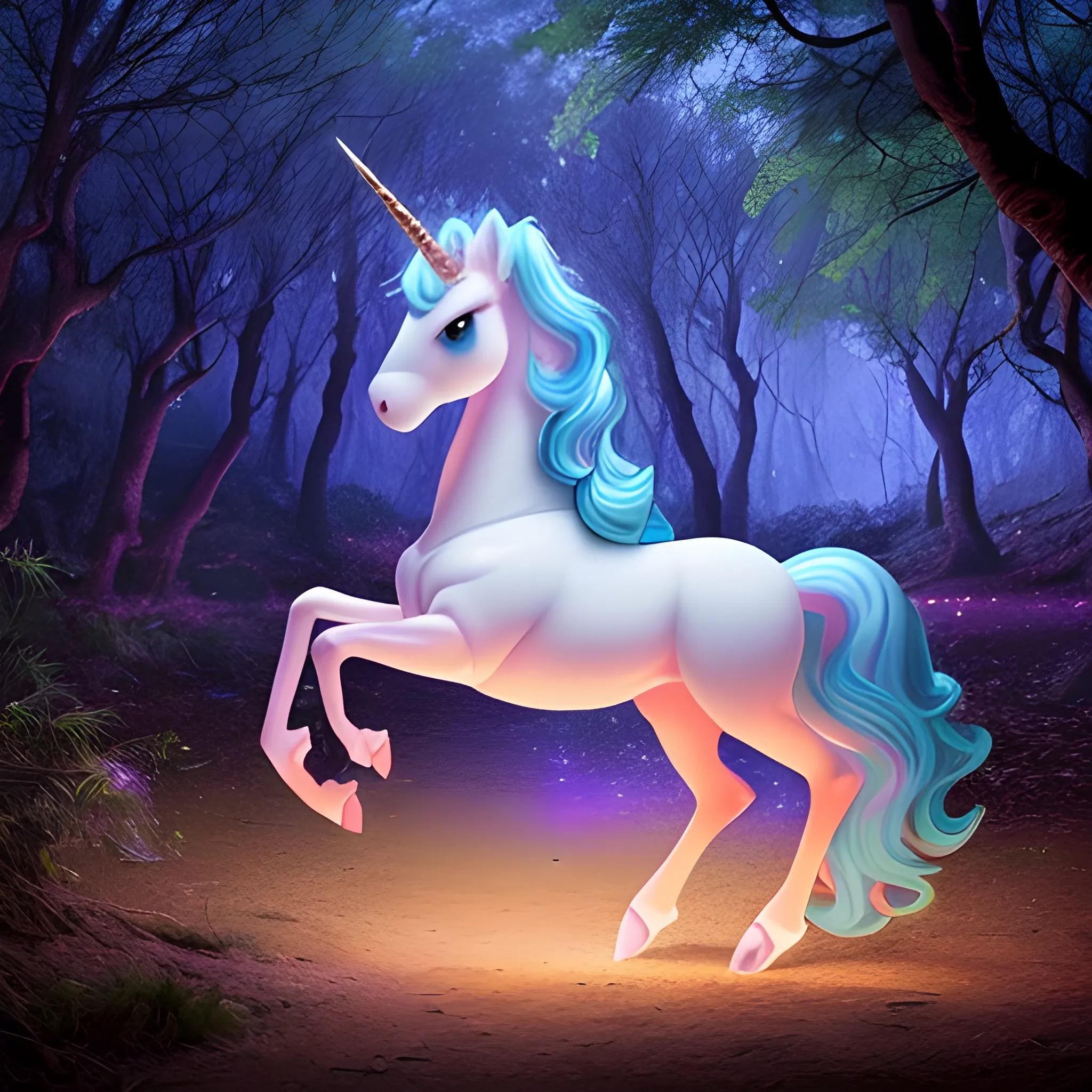 "Imagina una escena mágica en el bosque: un unicornio majestuoso rodeado de hadas y luciérnagas que iluminan la noche."