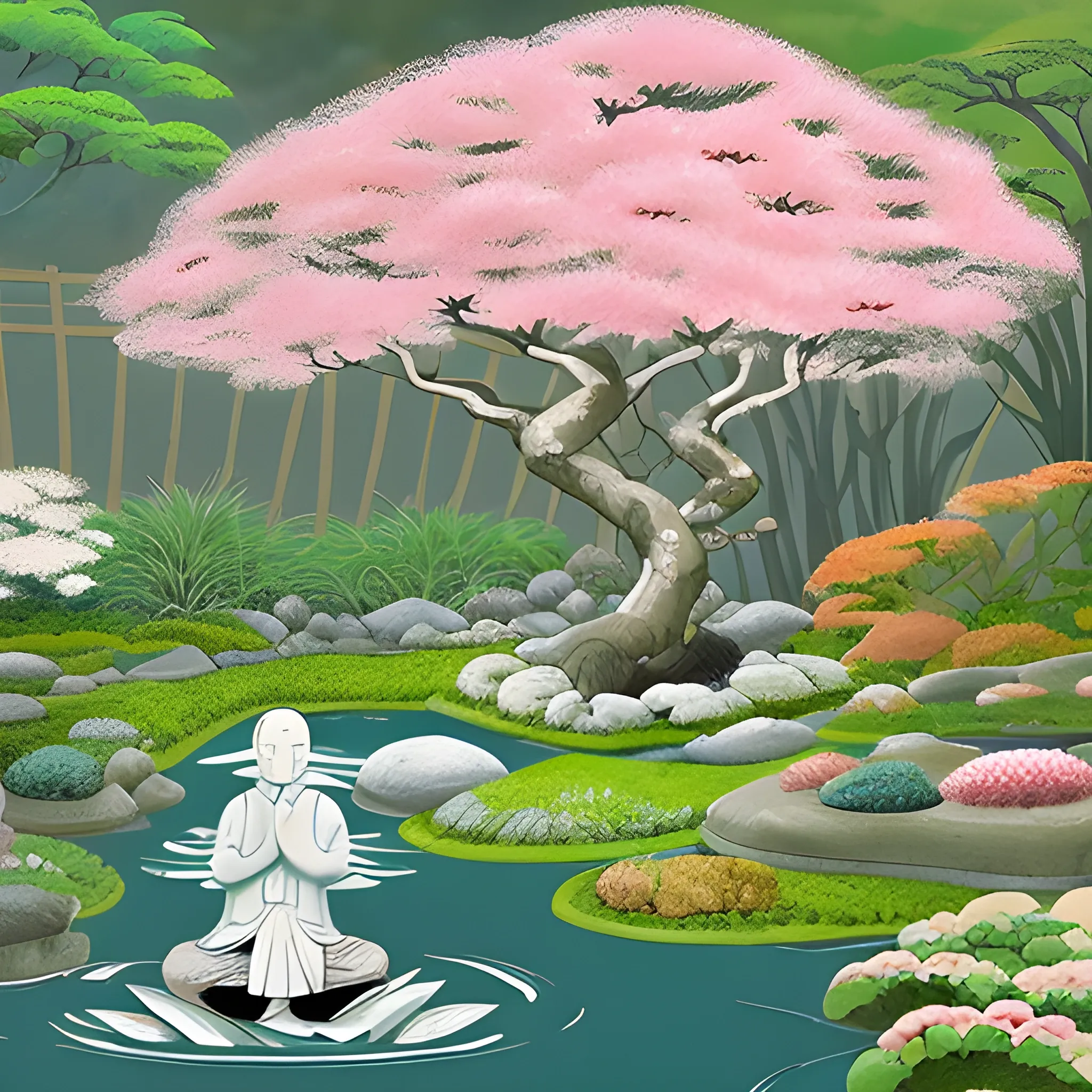 "Crea una ilustración que capture la esencia de la paz y la serenidad en un jardín zen japonés, con delicados cerezos en flor y un estanque de aguas tranquilas."