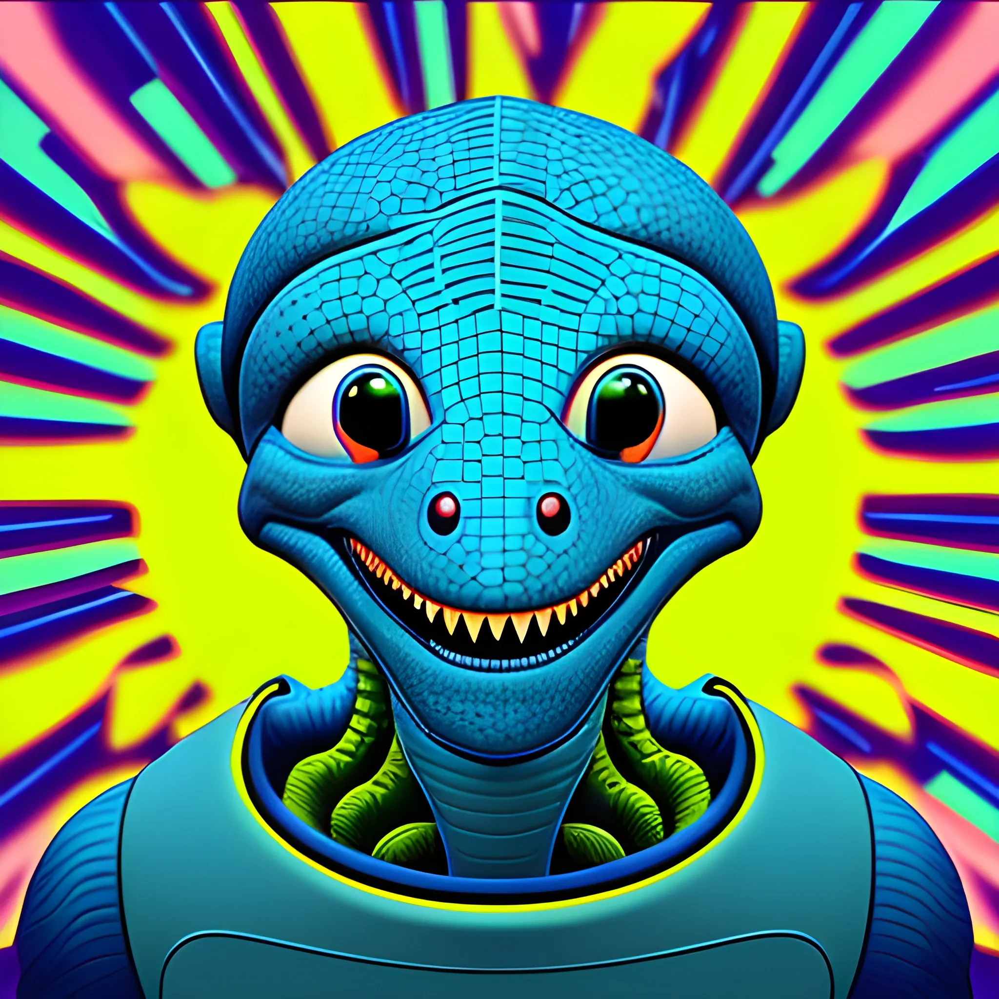 technological head dinosaur smiling an intelligent, Trippy, Cartoon