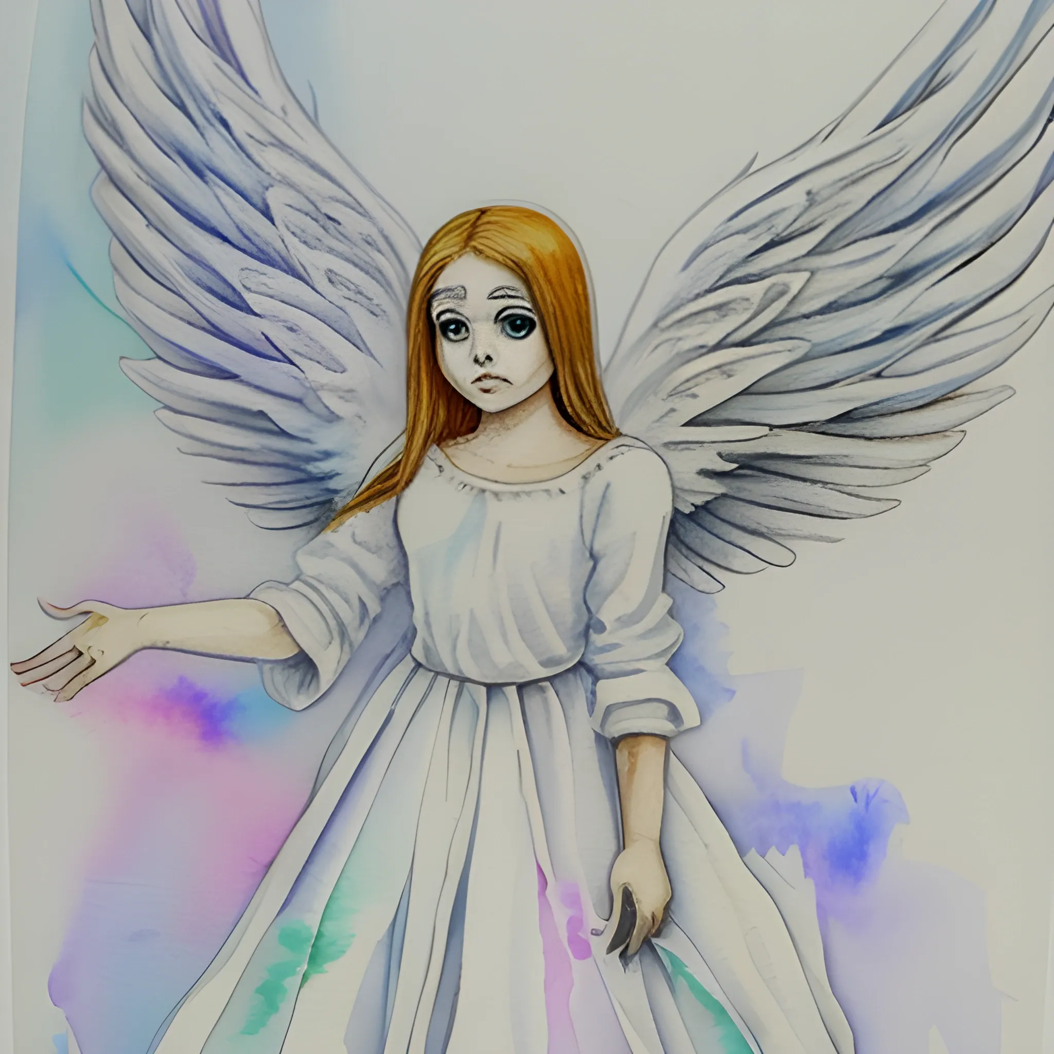 has un angel con alas blancas y a su lado un mounstro, Water Color, Cartoon