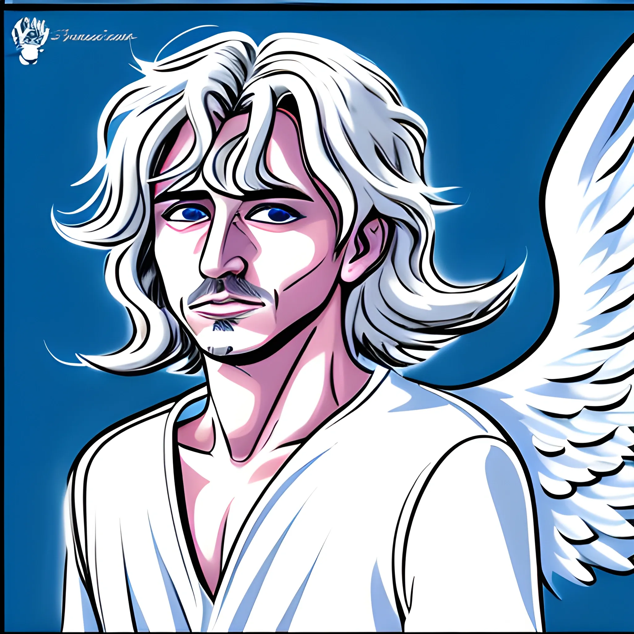 has un angel hombre con alas blancas y ojos azules
, Cartoon