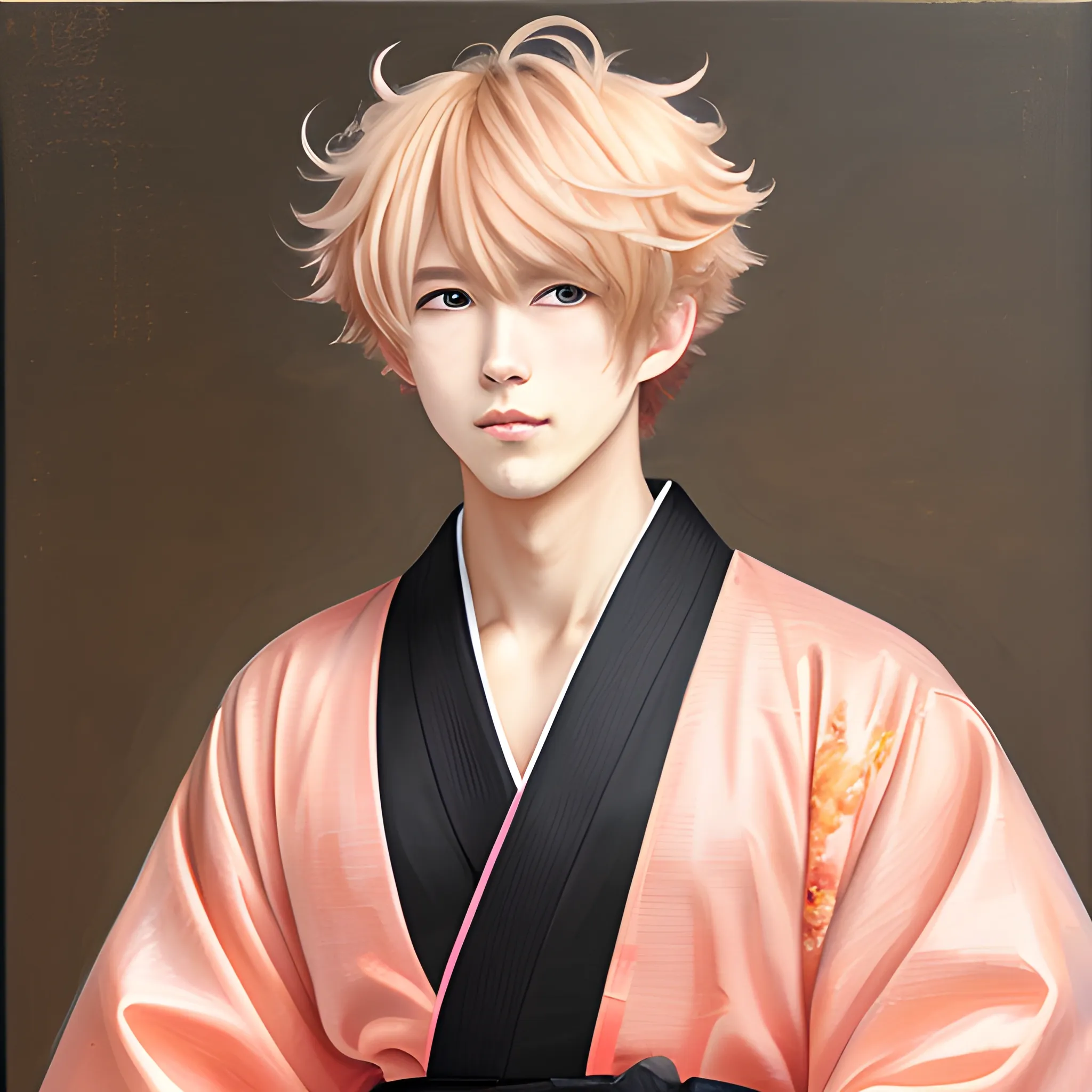 , Oil Painting, Male, bangs, fluffy hair, strawberry-blonde hair, peach-color-eyes, black Yukata with pink accessories, 