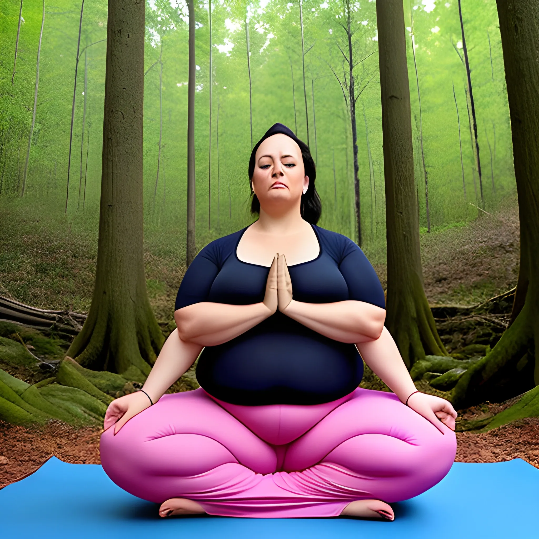 fat girl, yoga, lotus, position, forest, realistic