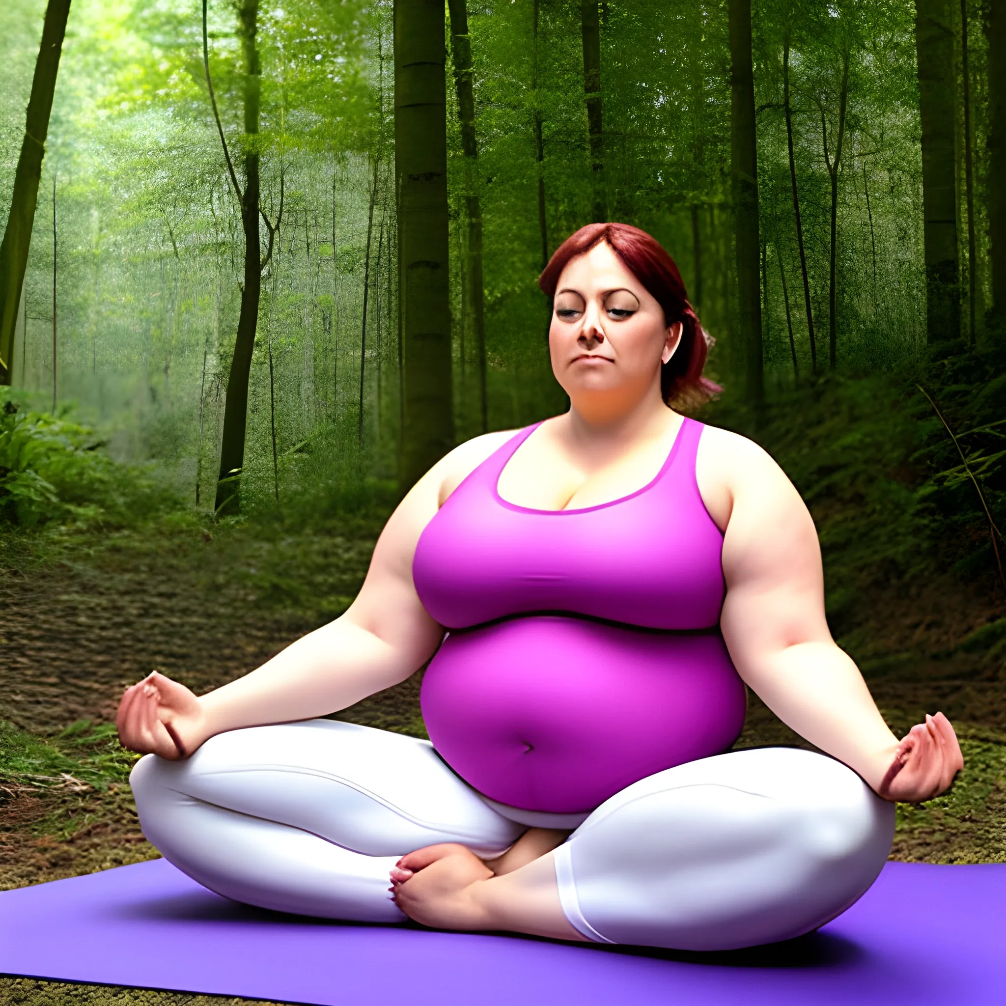 fat girl, yoga, lotus, position, forest, realistic 