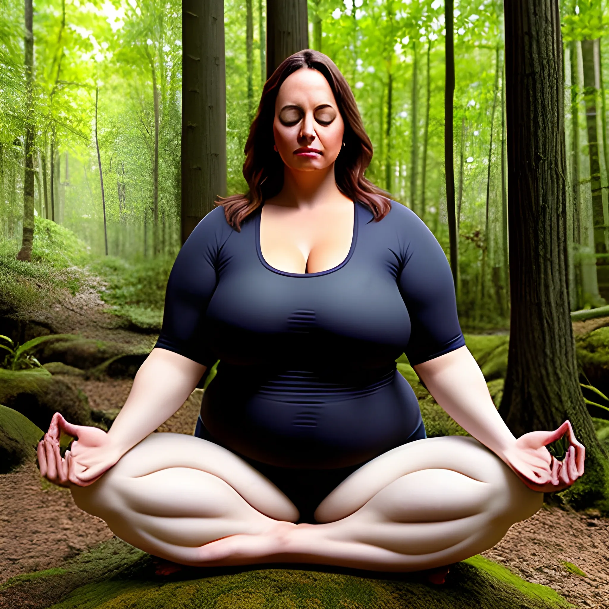 fat girl, yoga, lotus, position, forest, realistic