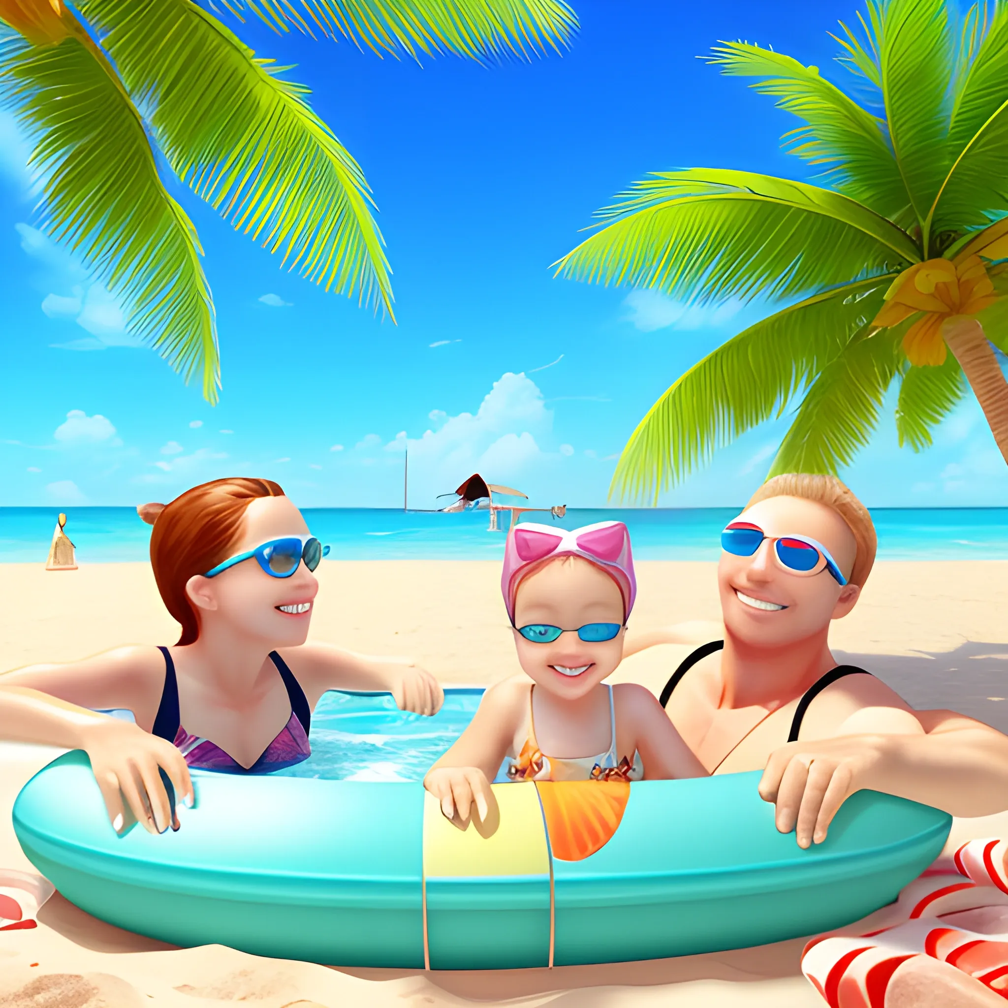 summer, beautiful beach, swimming, holidays, happy time, cozy , family, 3D