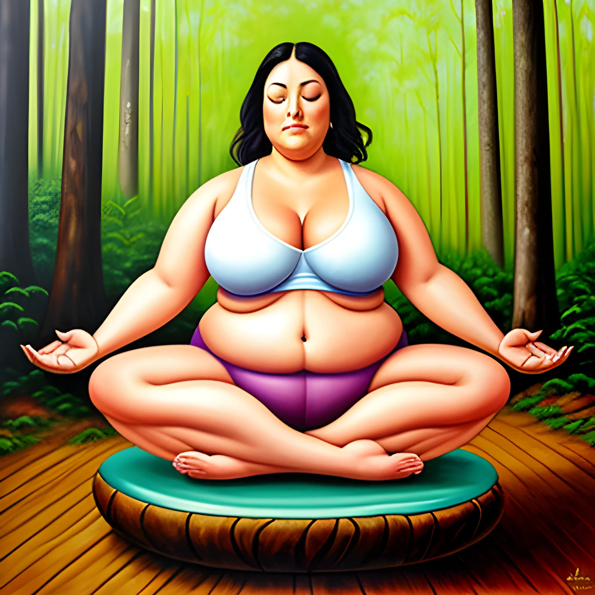 fat girl, yoga, lotus, position, forest, realistic, Oil Painting