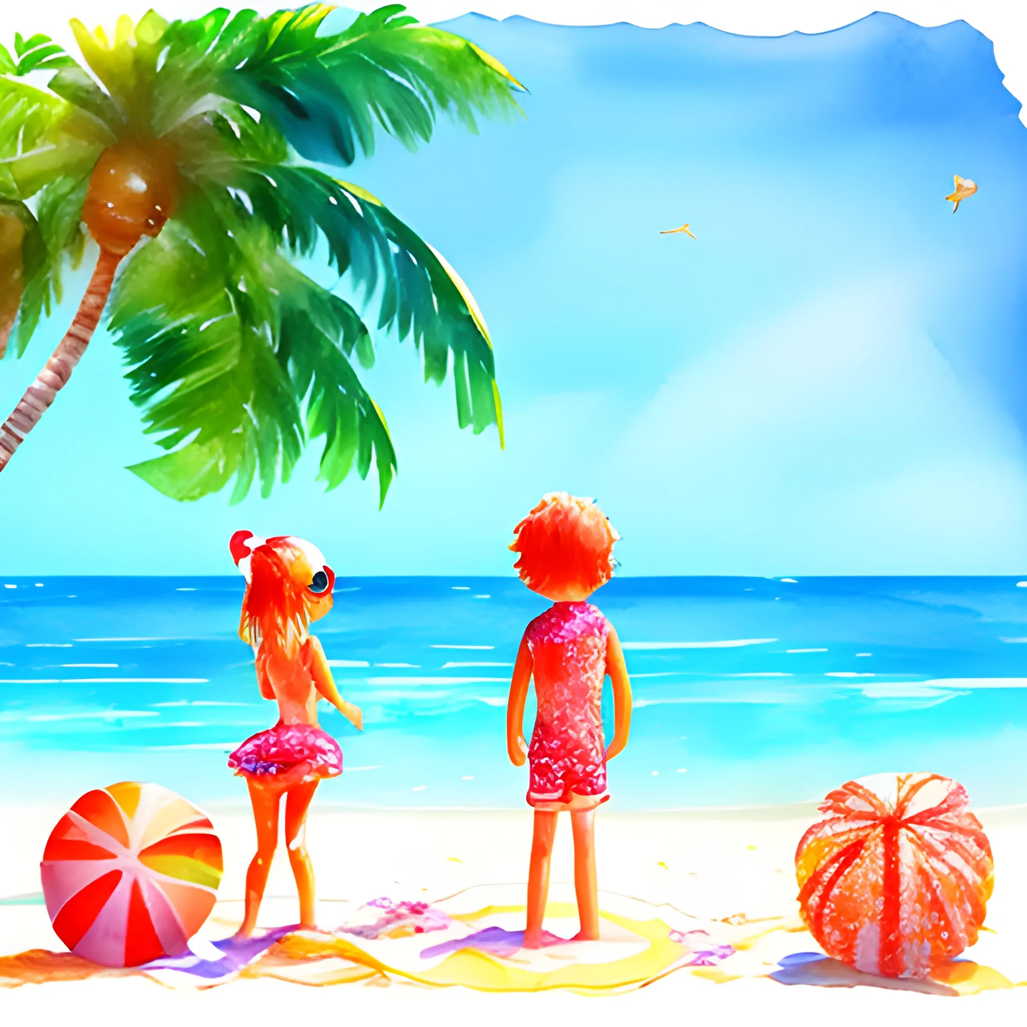 summer, beautiful beach, swimming, holidays, happy time, cozy , family, 3D, Cartoon, Water Color