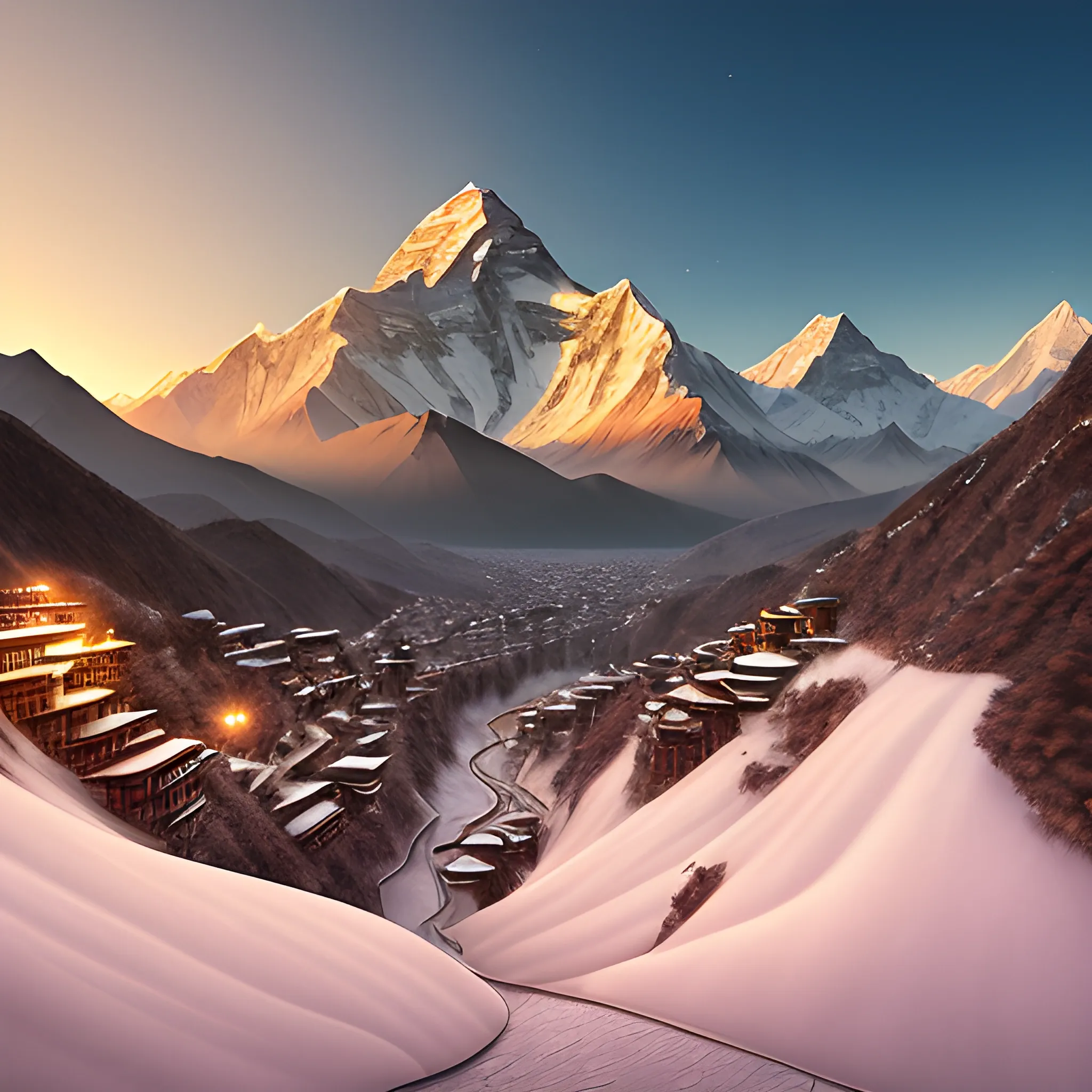 Witness the pinnacle of realism in this hyper-detailed 4K visualization of the sunrise over Mount Everest. Marvel at the delicate dew drops on the snow, each glimmering as the sun gently kisses them awake. Traverse through the cinematic beauty of Namche Bazar Village, where every building and pathway is rendered with unparalleled precision. This stunning artwork will transport you to a world where nature and technology converge.