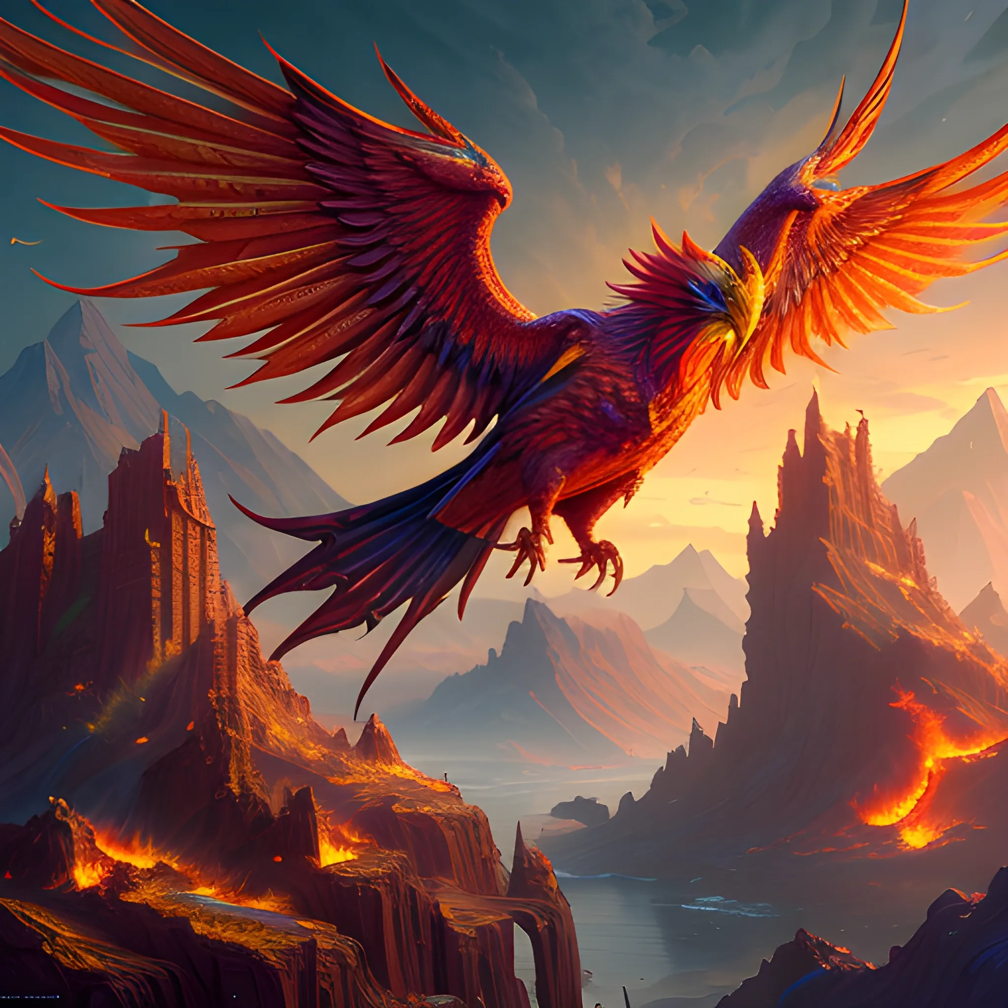 phoenix, fire bird, high fantasy, 8k, high resolution, high quality, detailed, detailed matte painting, deep color, fantastical, intricate detail, splash screen, complementary colors, fantasy concept art, 8k resolution trending on Artstation Unreal Engine 5