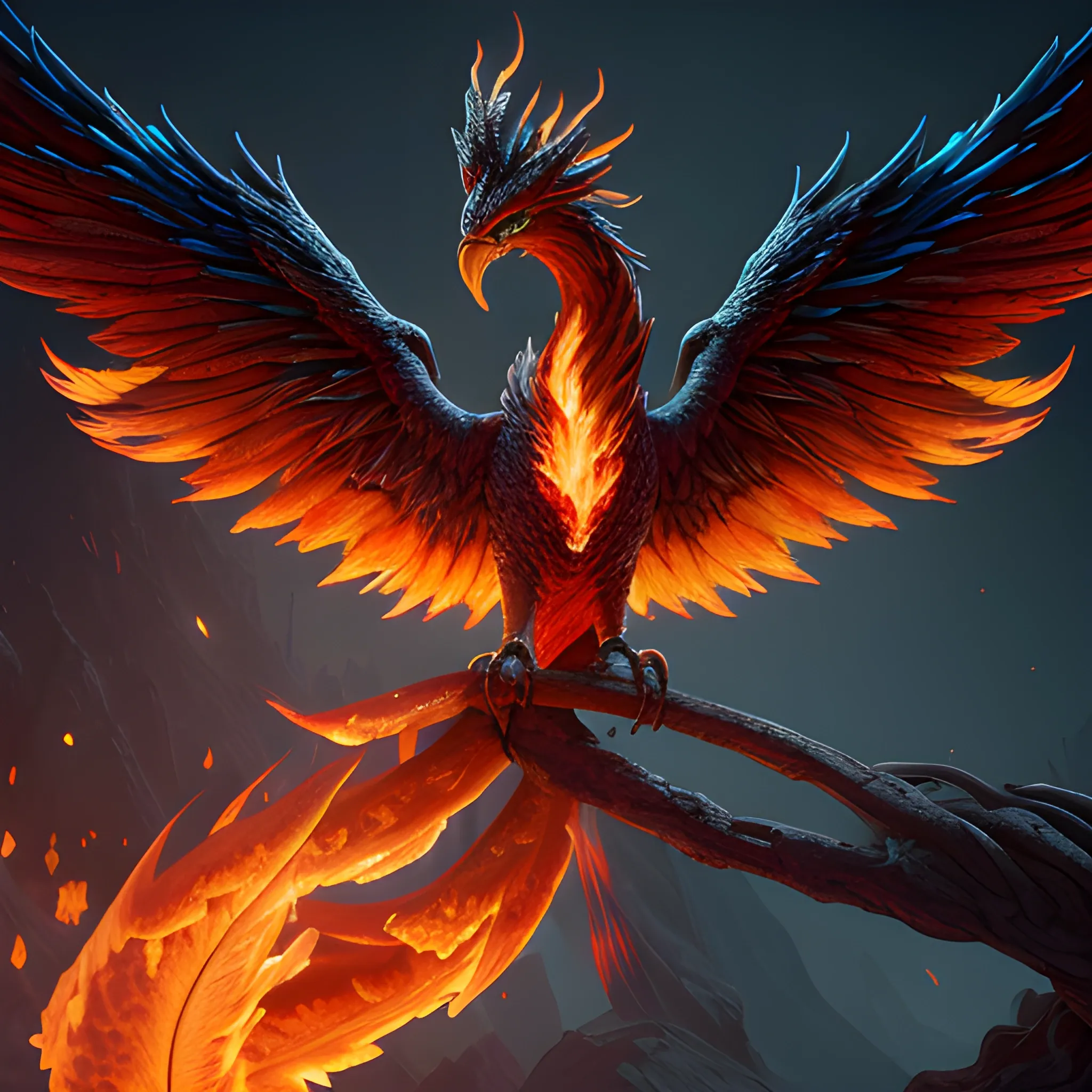 fire, flames, phoenix, fire bird, high fantasy, 8k, high resolution, high quality, detailed, detailed matte painting, deep color, fantastical, intricate detail, splash screen, complementary colors, fantasy concept art, 8k resolution trending on Artstation Unreal Engine 5