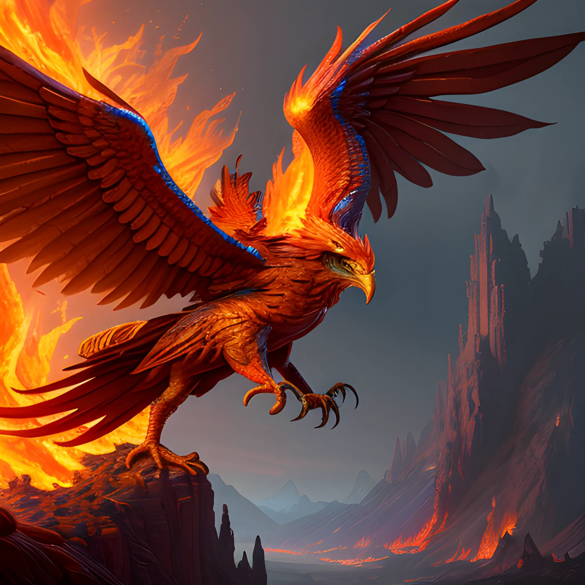 fire, flames, phoenix, fire bird, high fantasy, 8k, high resolution, high quality, detailed, detailed matte painting, deep color, fantastical, intricate detail, splash screen, complementary colors, fantasy concept art, 8k resolution trending on Artstation Unreal Engine 5