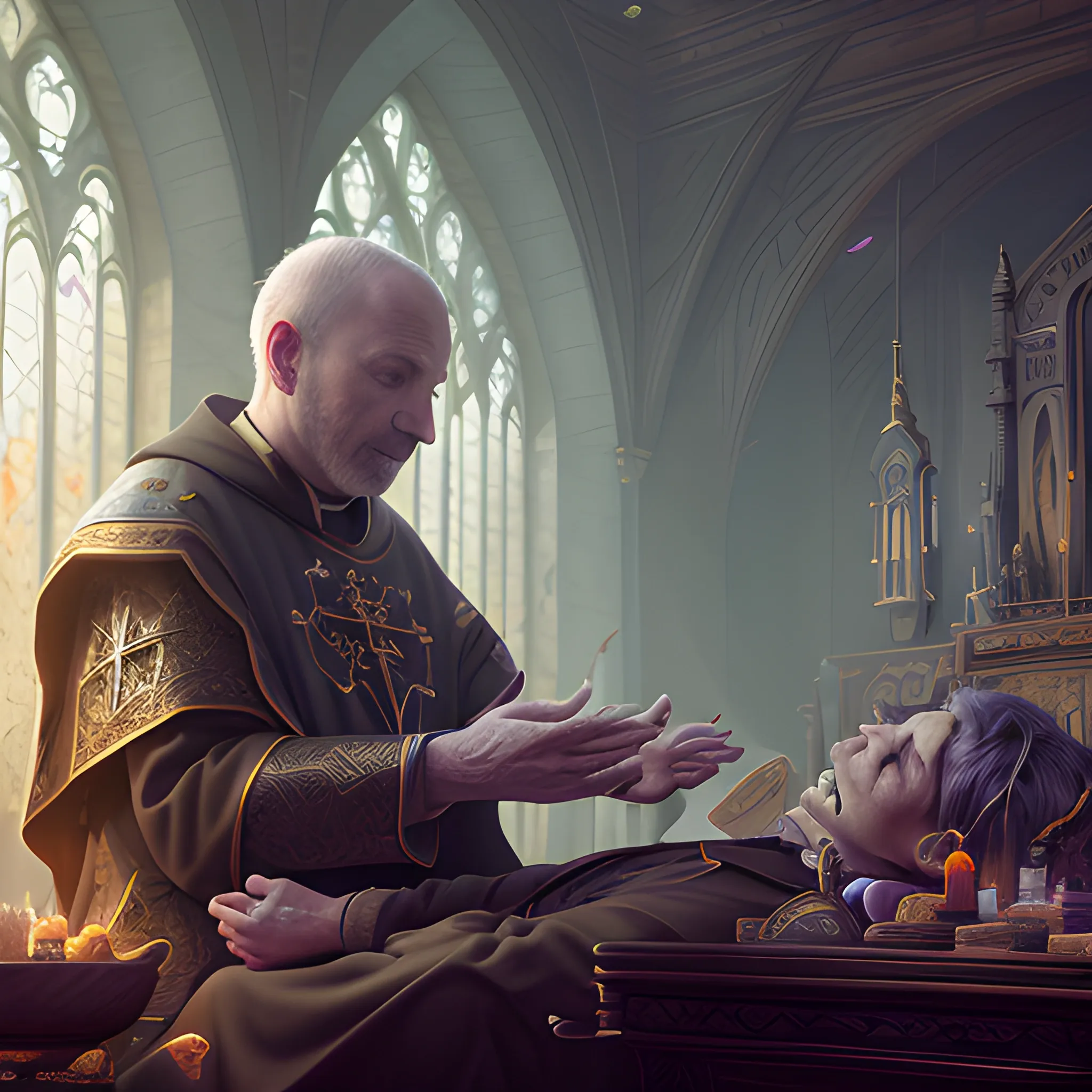 magic healing, priest is healing injured person, 8k, high resolution, high quality, insane detailed, detailed, detailed matte painting, deep color, fantastical, intricate detail, splash screen, complementary colors, fantasy concept art, 8k resolution trending on Artstation Unreal Engine 5