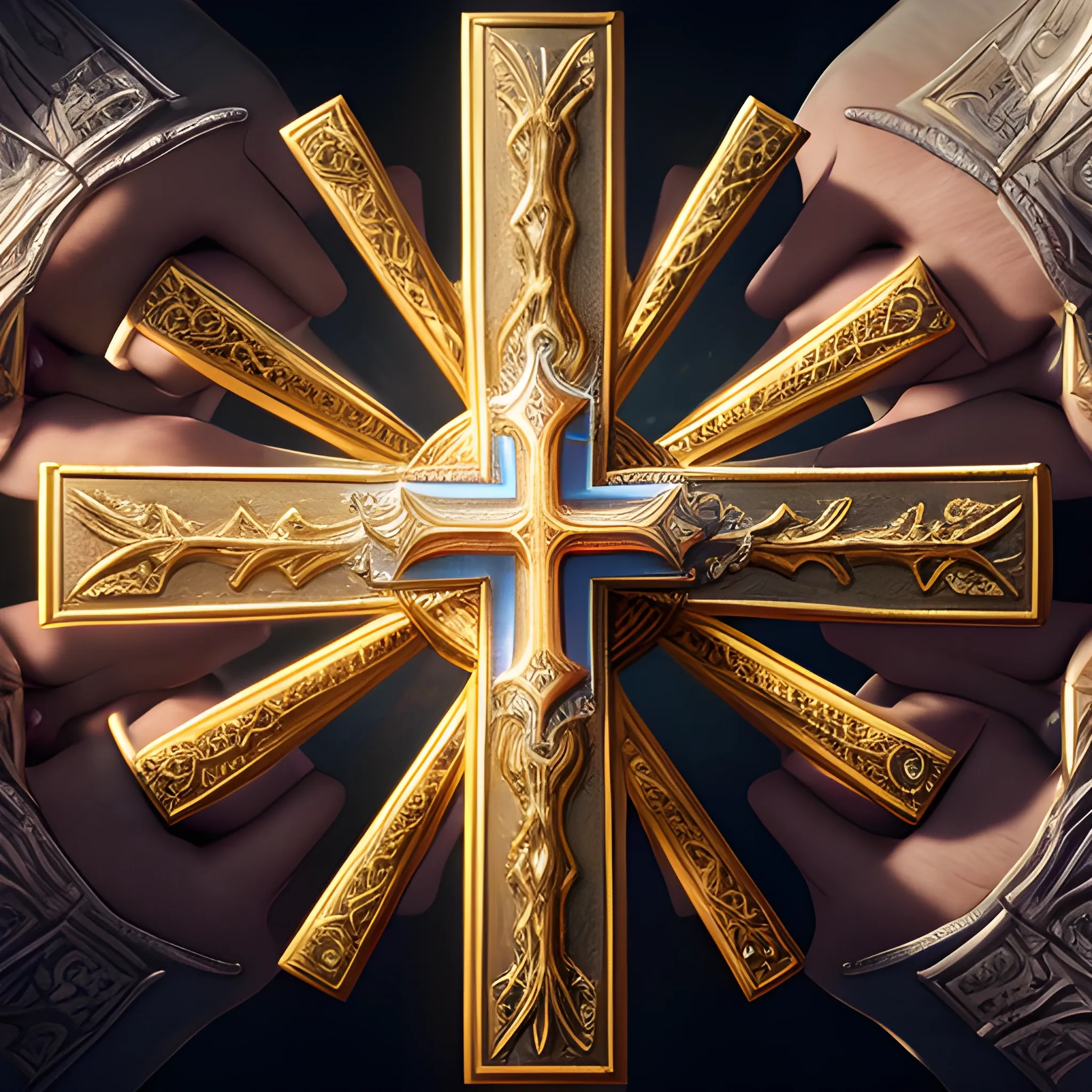 blessing cross, shining cross, healing hands with five fingers, 8k, high resolution, high quality, insane detailed, detailed, detailed matte painting, deep color, fantastical, intricate detail, splash screen, complementary colors, fantasy concept art, 8k resolution trending on Artstation Unreal Engine 5