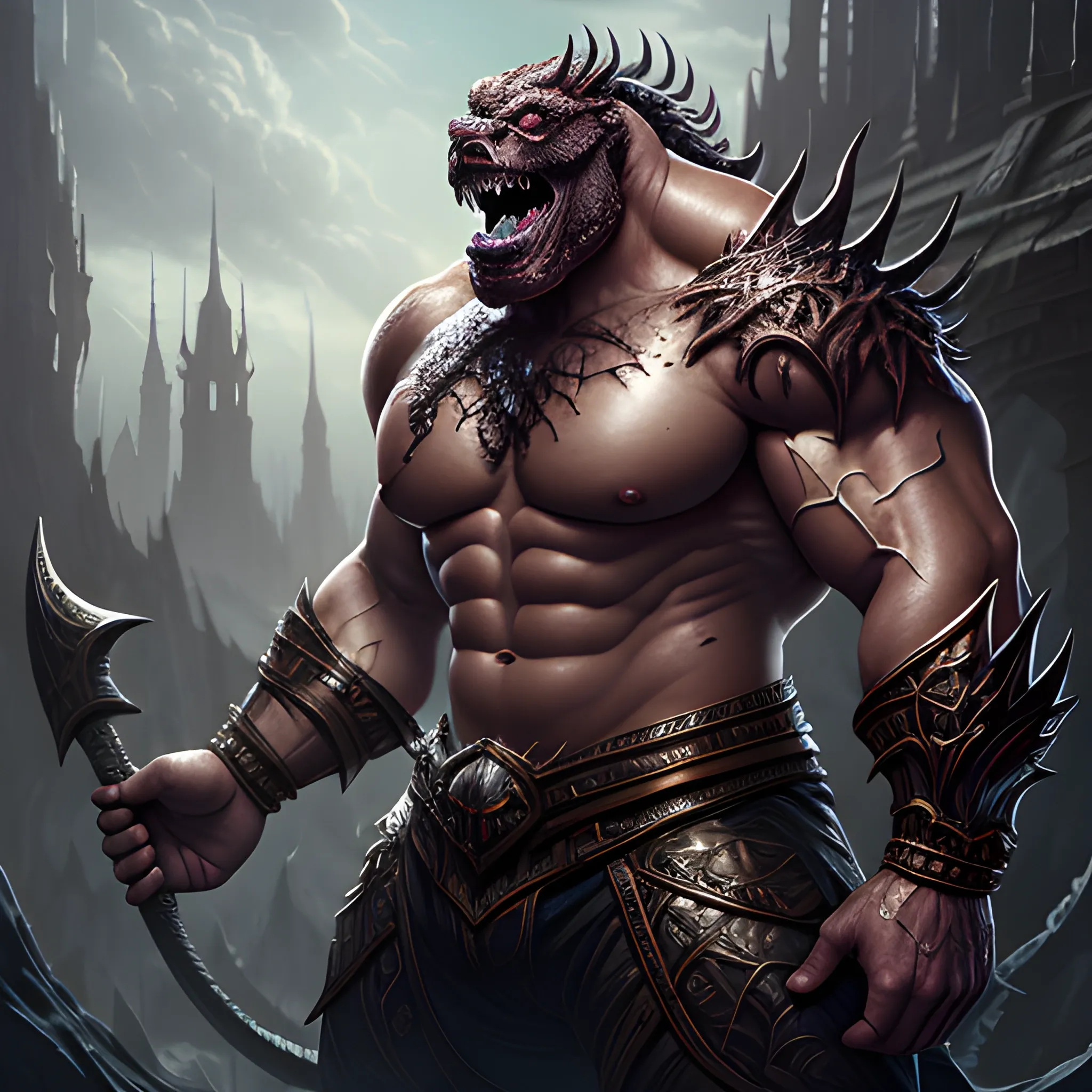 very muscled monster, view above waist, high fantasy, 8k, high resolution, high quality, detailed, detailed matte painting, deep color, fantastical, intricate detail, splash screen, complementary colors, fantasy concept art, 8k resolution trending on Artstation Unreal Engine