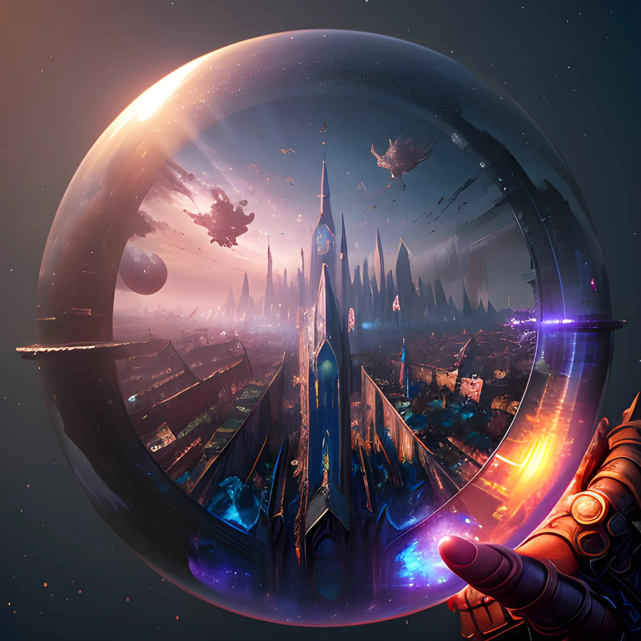 magic sphere around the city, magic barrier, transparent barrier, magic cope, , 8k, high resolution, high quality, detailed, detailed matte painting, deep color, fantastical, intricate detail, splash screen, complementary colors, fantasy concept art, 8k resolution trending on Artstation Unreal Engine 5