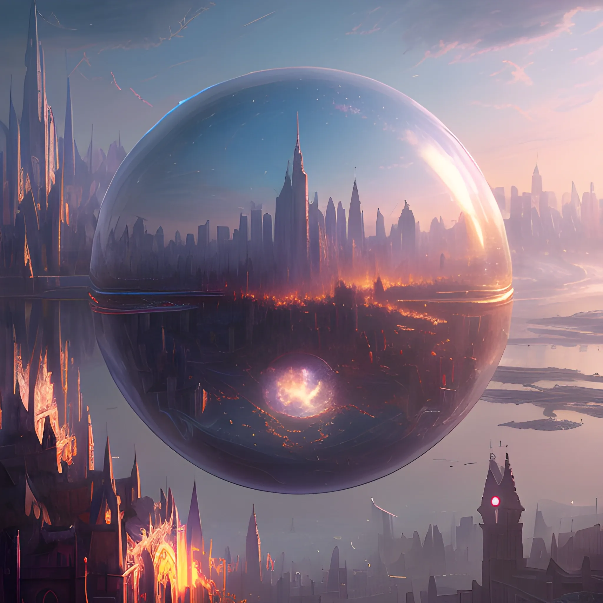 magic sphere around the city, magic barrier, transparent barrier, magic cope, , 8k, high resolution, high quality, detailed, detailed matte painting, deep color, fantastical, intricate detail, splash screen, complementary colors, fantasy concept art, 8k resolution trending on Artstation Unreal Engine 5