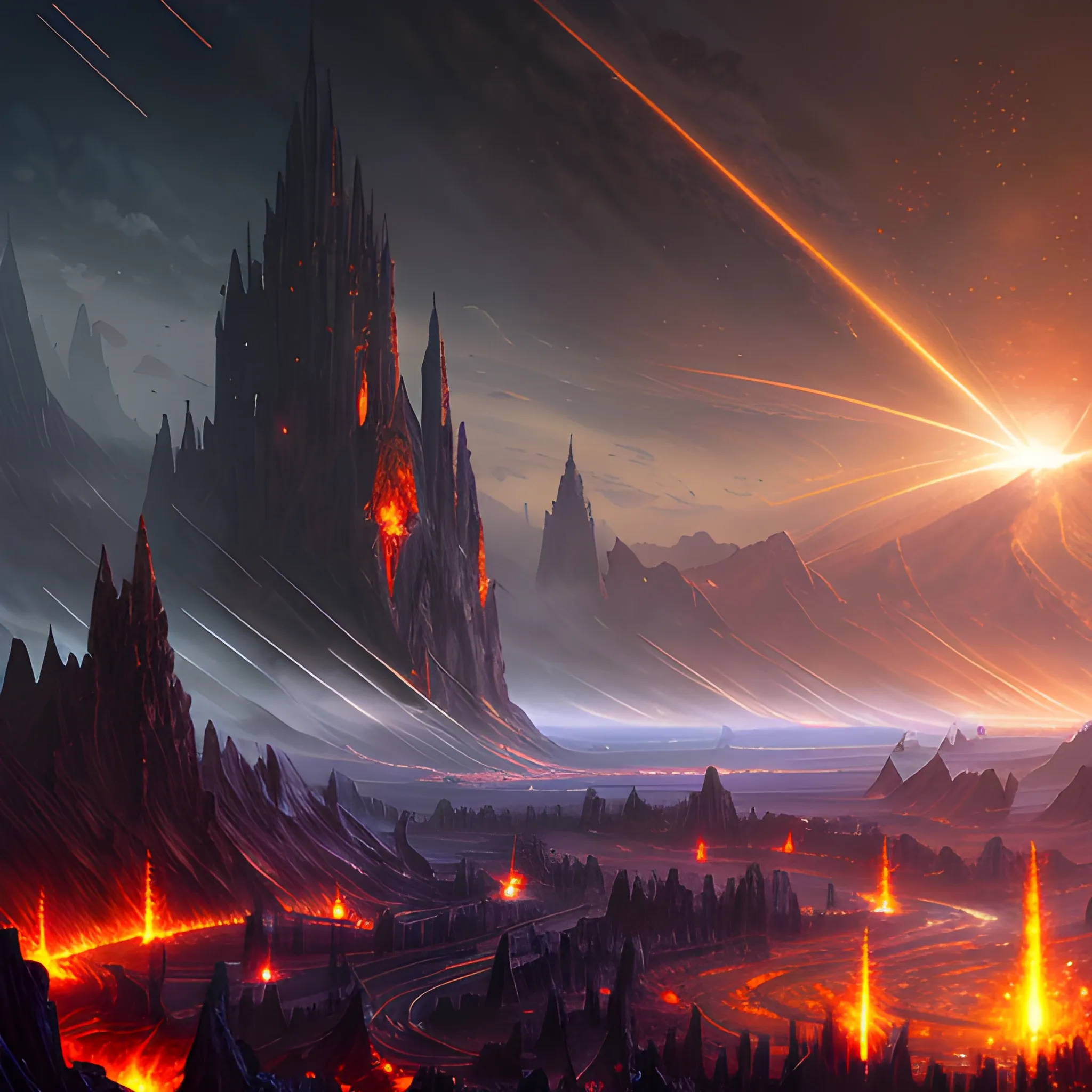 meteor rain, fire rain, high fantasy, medieval, 8k, high resolution, high quality, detailed, detailed matte painting, deep color, fantastical, intricate detail, splash screen, complementary colors, fantasy concept art, 8k resolution trending on Artstation Unreal Engine 5