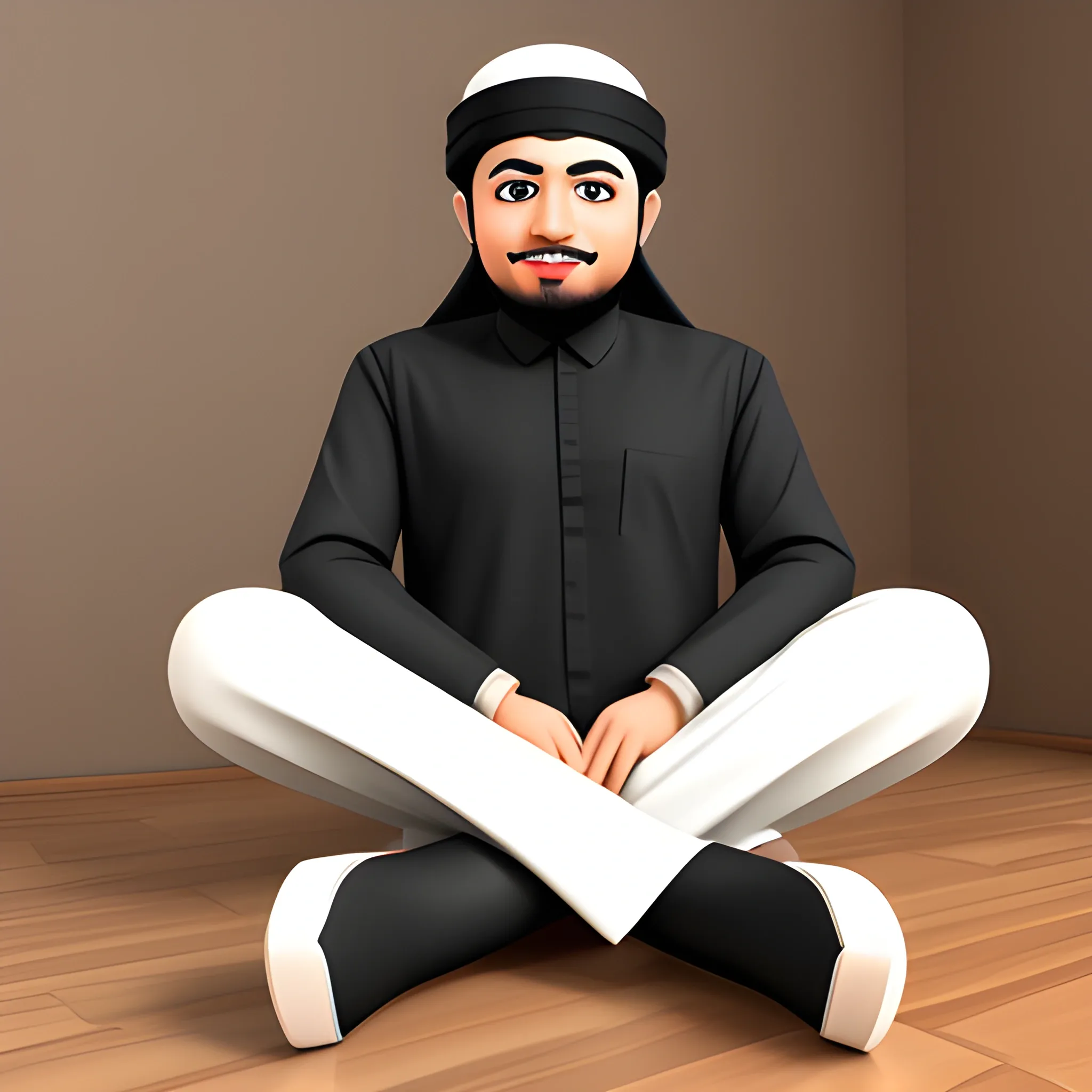 muslim guy cartoon 3d character full body sitting at home, 3D