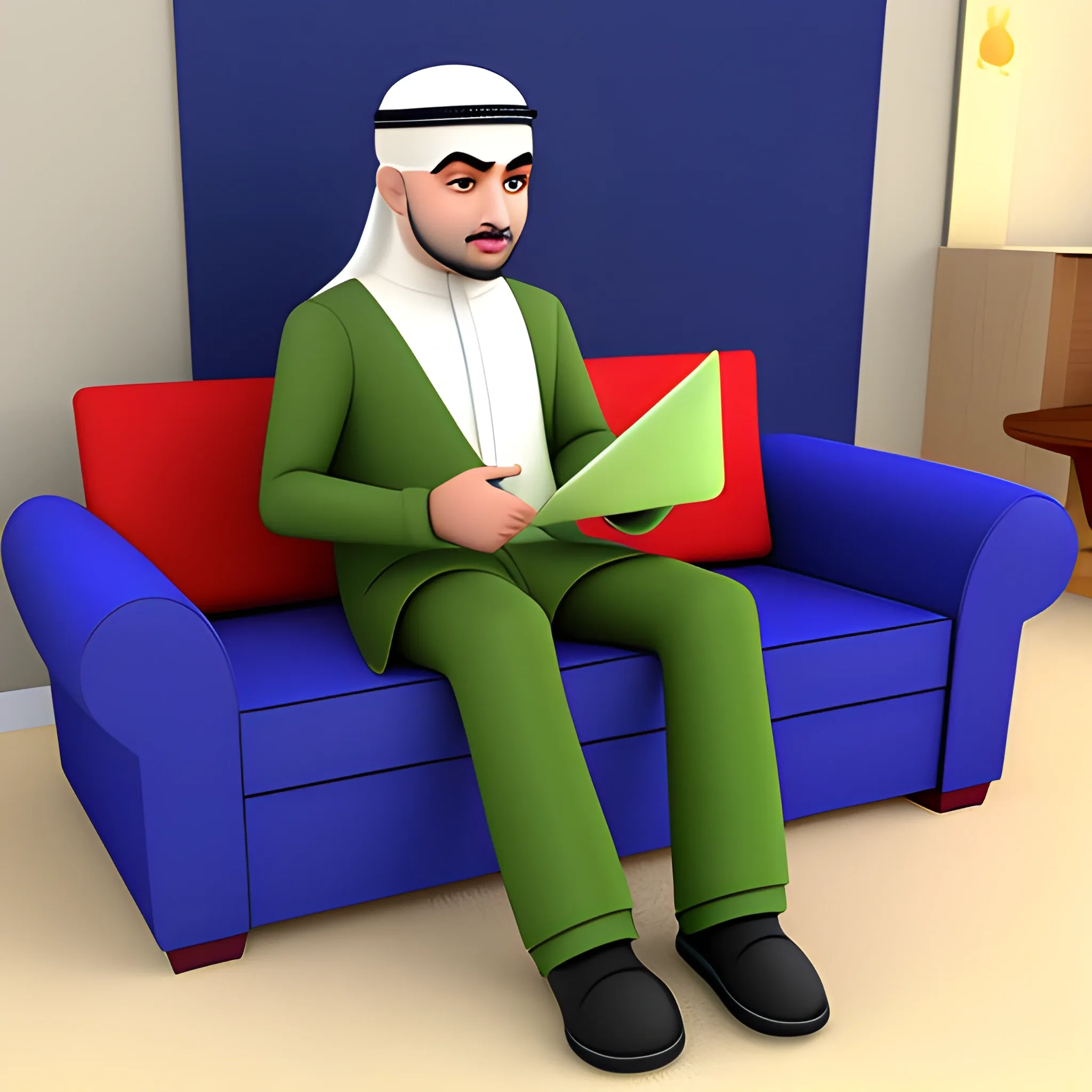 muslim guy cartoon 3d character full body sitting on sofa, 3D