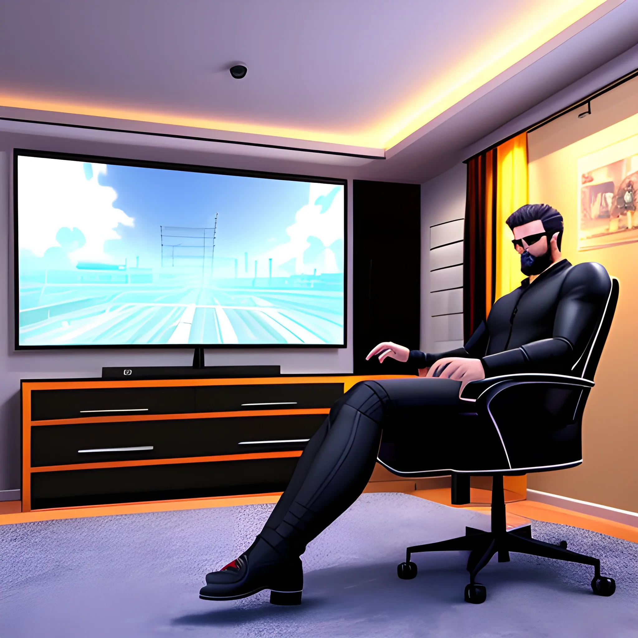 a small young boy 3d character full body sitting in gaming room, 3D